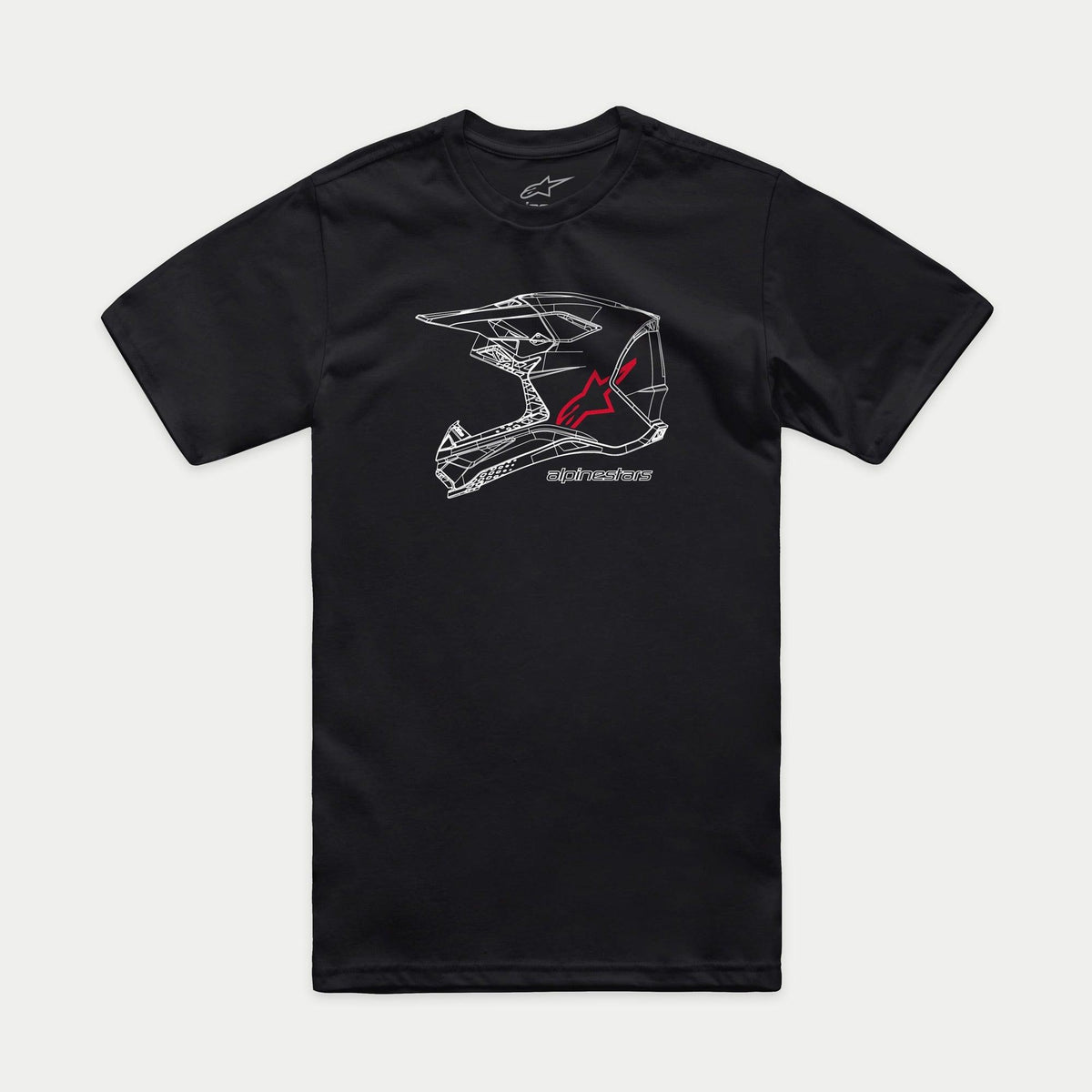 Alpinestars MX Helmet CSF Tee, t-shirt de manga curta, preta, arte de capacete de motocross em wireframe branco com logótipo e texto Alpinestars a vermelho, streetwear casual de desportos motorizados