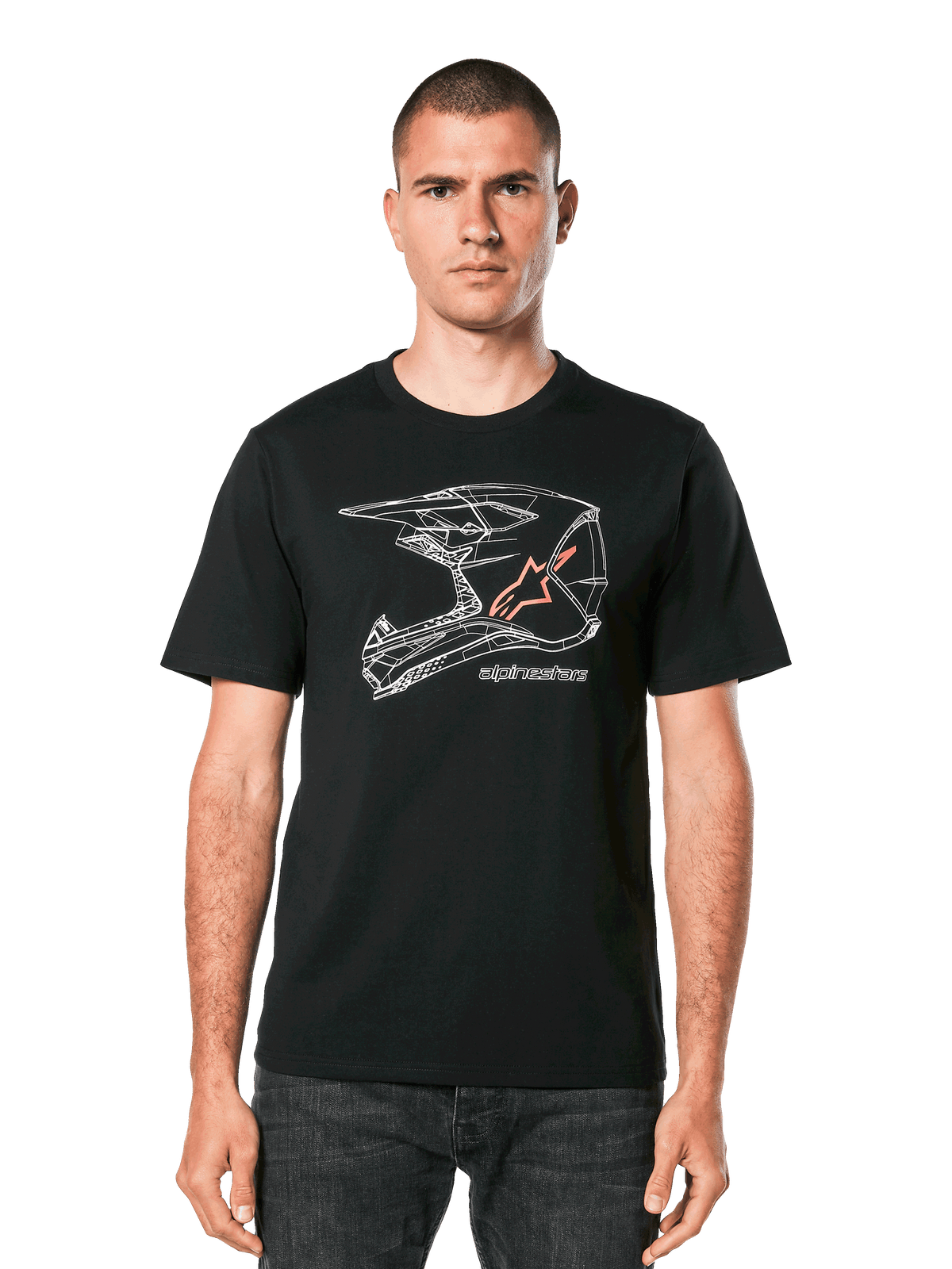 Alpinestars MX Helmet CSF Tee, t-shirt de manga curta, preta, grafismo geométrico de capacete de motocross branco com logótipo de estrela cor de laranja, streetwear casual de desportos motorizados