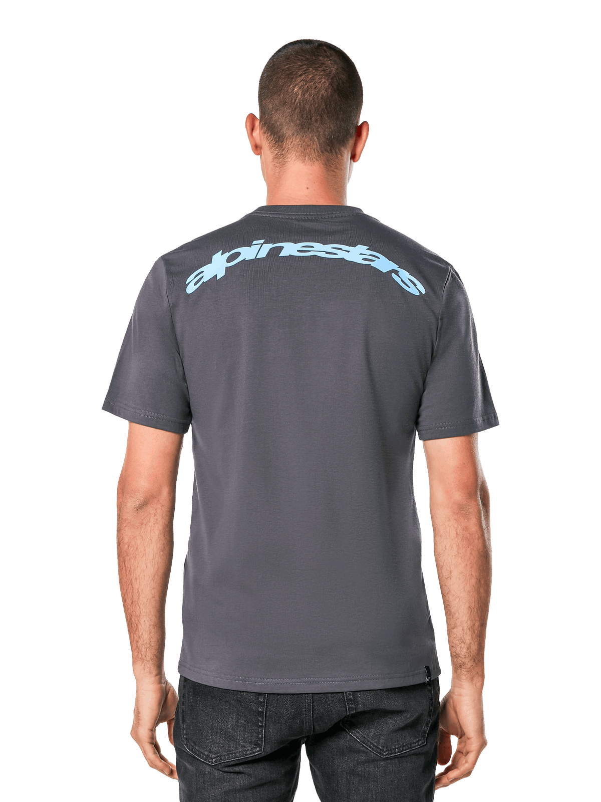 Alpinestars Horizon CSF Tee, t-shirt de manga curta, cinzento, vista traseira com o logótipo Alpinestars em arco azul claro, vestuário desportivo casual