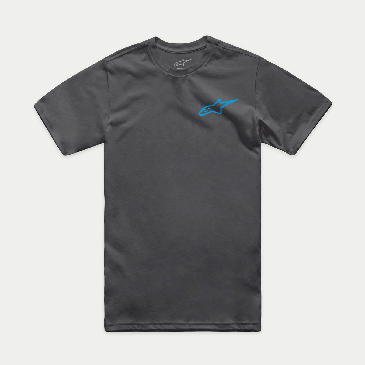 Alpinestars Horizon CSF Tee, t-shirt de manga curta, cinzento carvão com logótipo Alpinestars Ageless azul, roupa desportiva casual de motorsport