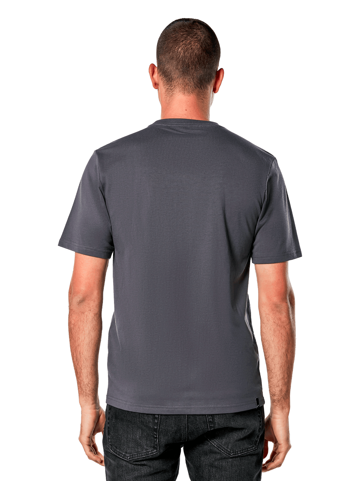 Alpinestars Galun CSF Tee, t-shirt de manga curta, cinzento escuro, vista traseira simples, usada com calças de ganga pretas, streetwear casual de desportos motorizados