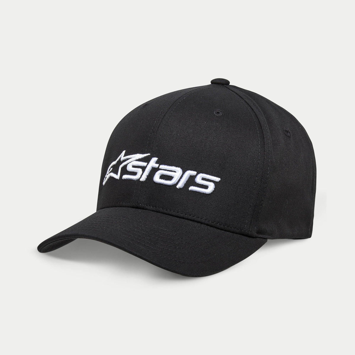 Alpinestars Blaze 2.0 Hat, black baseball cap, featuring a curved bill and structured crown, white textured Astars logo on the front, casual sportswear headwear