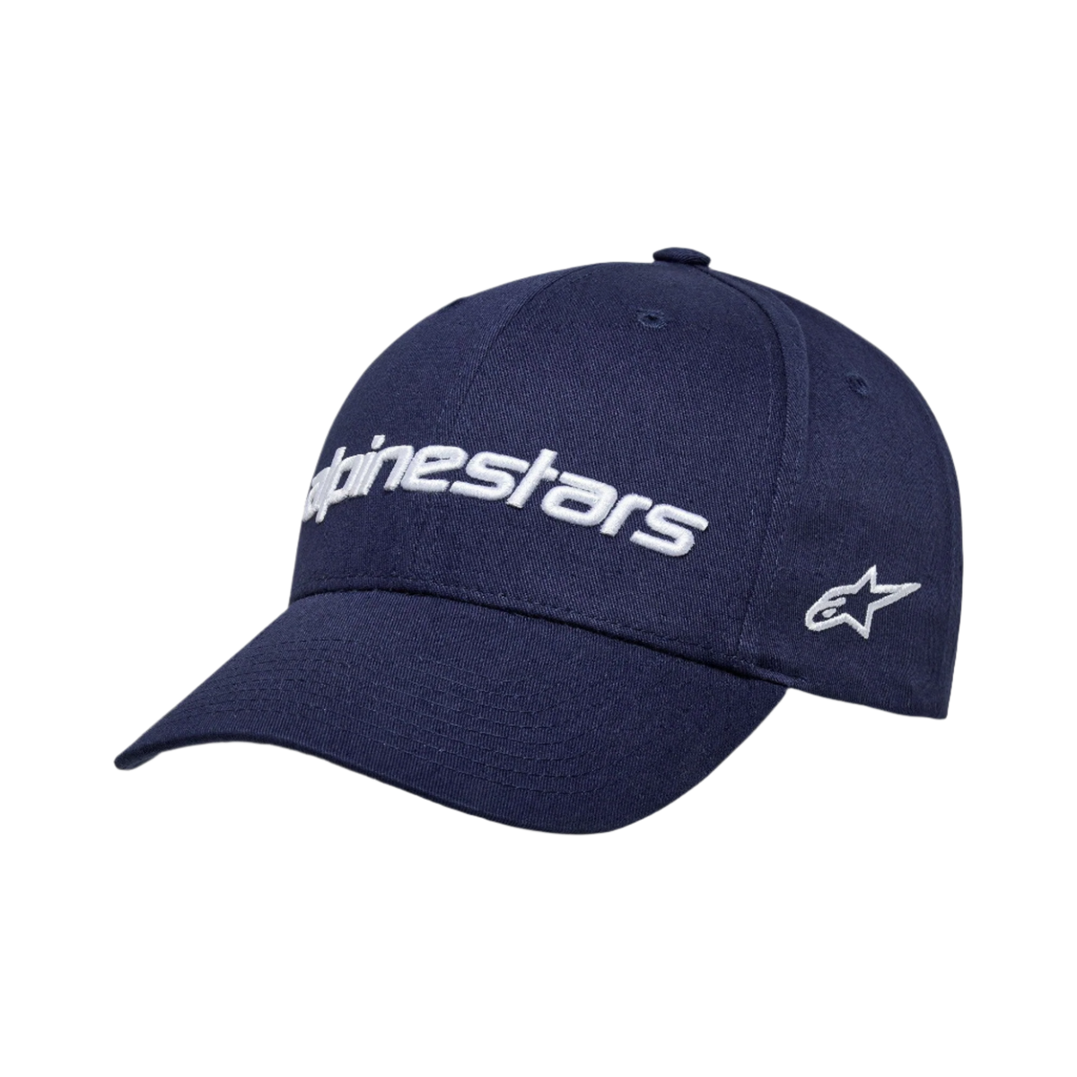 Boné Alpinestars Linear Wordmark 2.0, azul-marinho com logótipo bordado em 3D a branco, pala curva, coroa estruturada, logótipo de estrela lateral, boné desportivo de sarja de algodão
