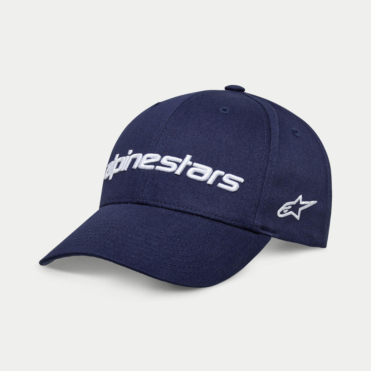 Boné Alpinestars Linear Wordmark 2.0, azul-marinho com bordado branco, snapback de pala curva com logótipo Alpinestars em 3D e estrela Ageless lateral, sportswear casual