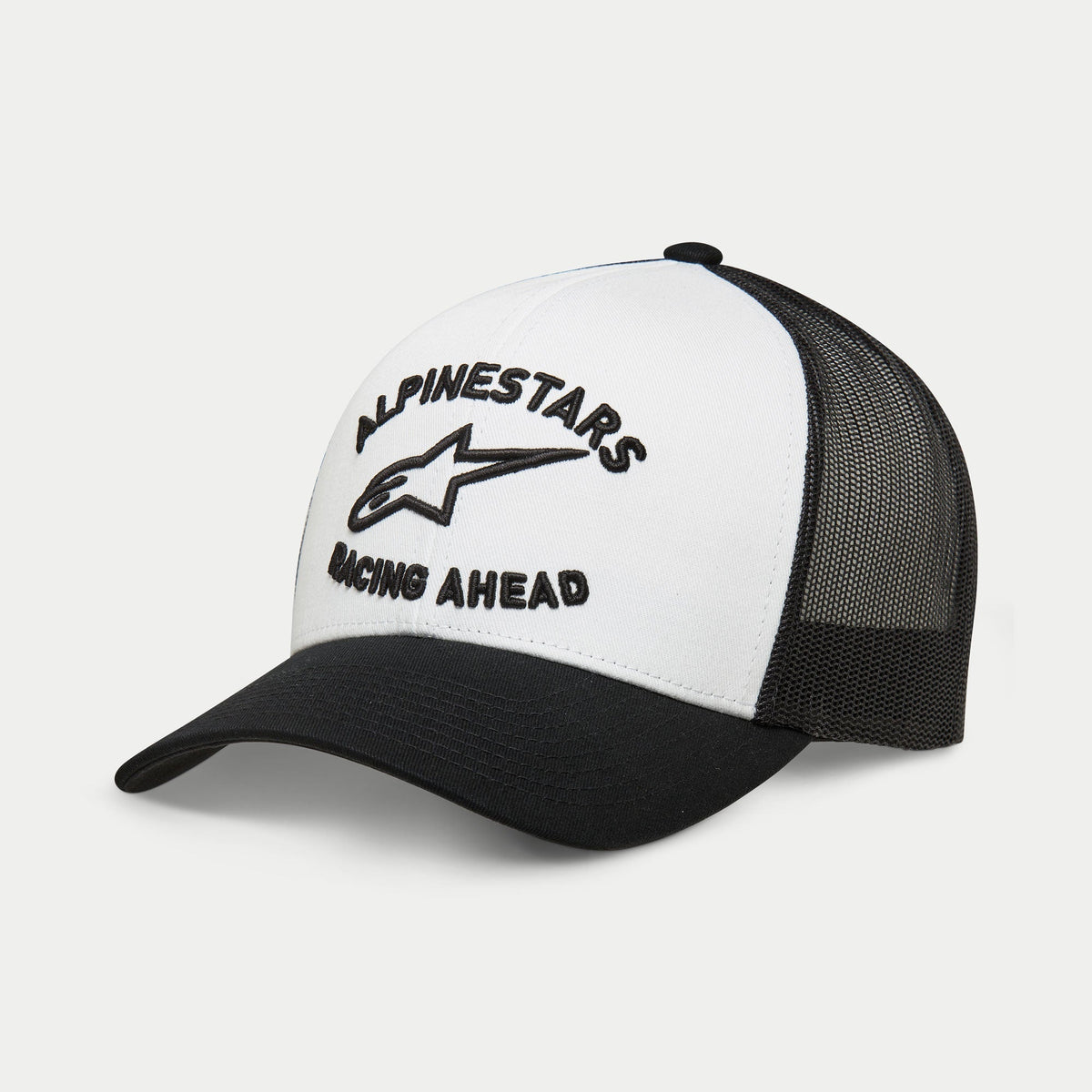 Alpinestars Triple Trucker Hat, Casual Trucker Cap, White and Black, 3D black embroidery with star logo and 'Racing Ahead' text, curved bill with mesh back, Sportswear Streetwear