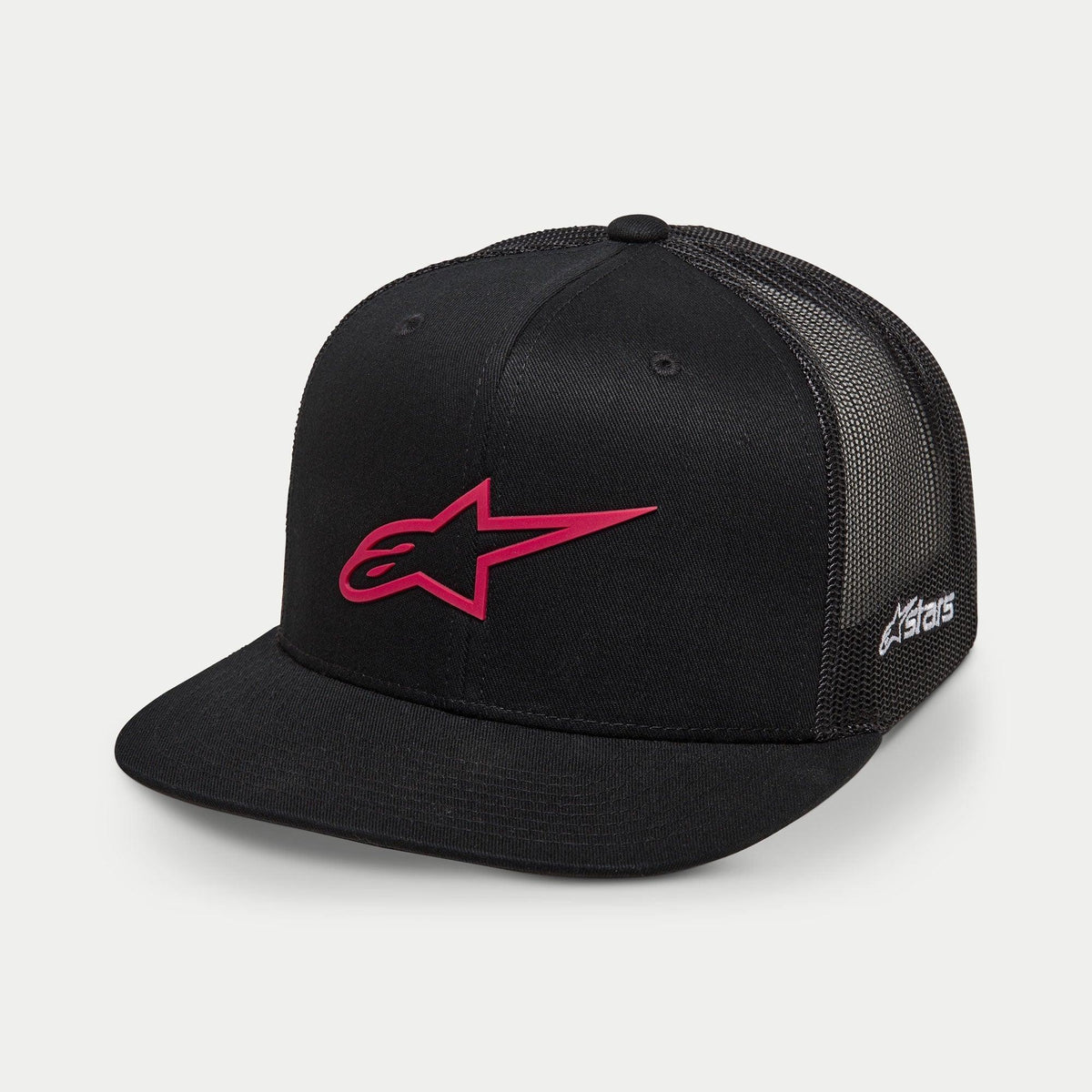 Alpinestars 3D Ageless Trucker Hat, Black and Red, featuring a red embroidered star logo on the front, black mesh back panels, flat bill, white side embroidery, casual motorsport-inspired headwear