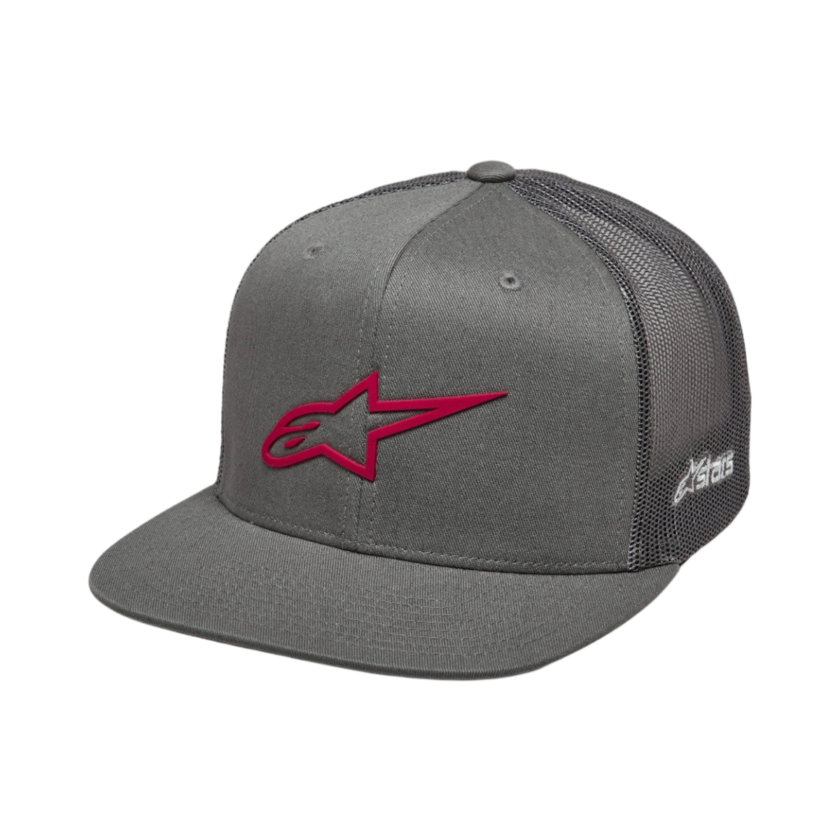 Boné Trucker Alpinestars 3D Ageless, cinzento e vermelho, aba reta com coroa estruturada, frente em sarja e parte traseira em rede, com logótipo 3D bordado a vermelho na frente e marca branca na lateral, acessório casual de desportos motorizados