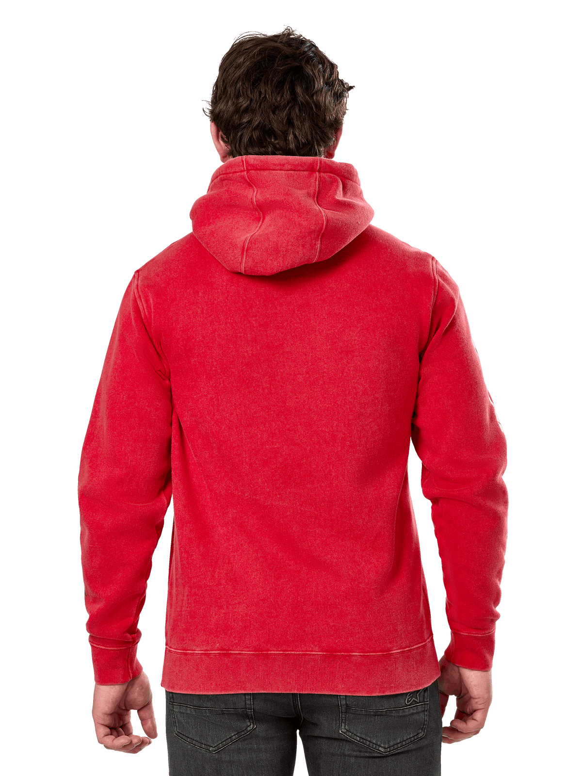 Alpinestars Unbound Hoodie, vista traseira de hoodie de malha tingida em vermelho, streetwear casual, com punhos e bainha canelados e capuz forrado, usado com calças escuras