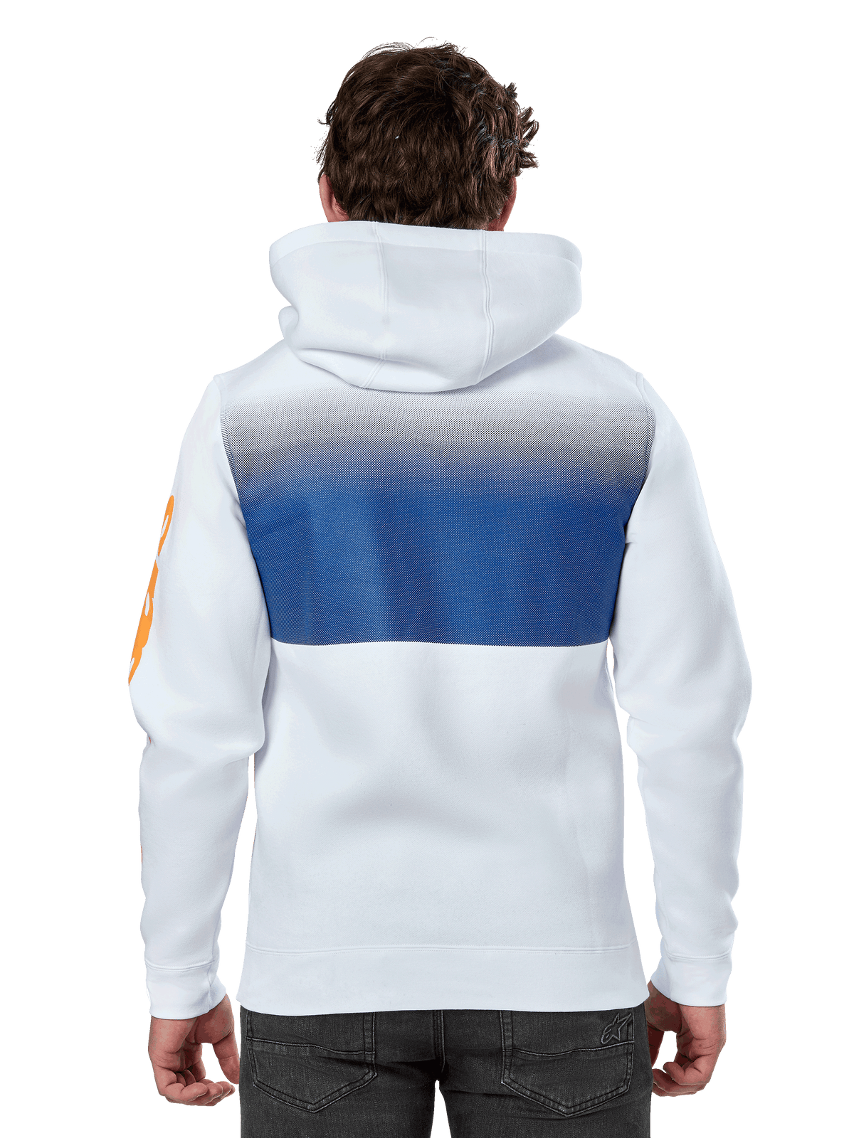 Alpinestars Specter Hoodie, branco, hoodie de streetwear casual com impressão em gradiente azul nas costas, logótipo laranja na manga, vista de costas