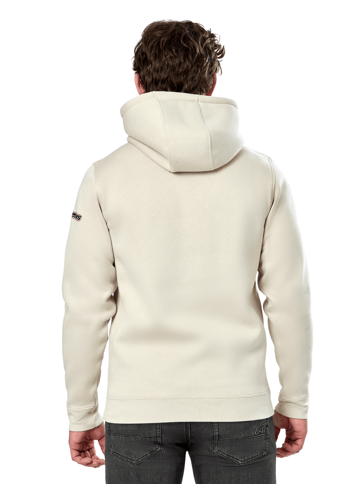 Alpinestars Insignia Hoodie, vista traseira de um homem a usar um hoodie casual, Off White, com capuz forrado e punhos canelados, streetwear inspirada no desporto motorizado