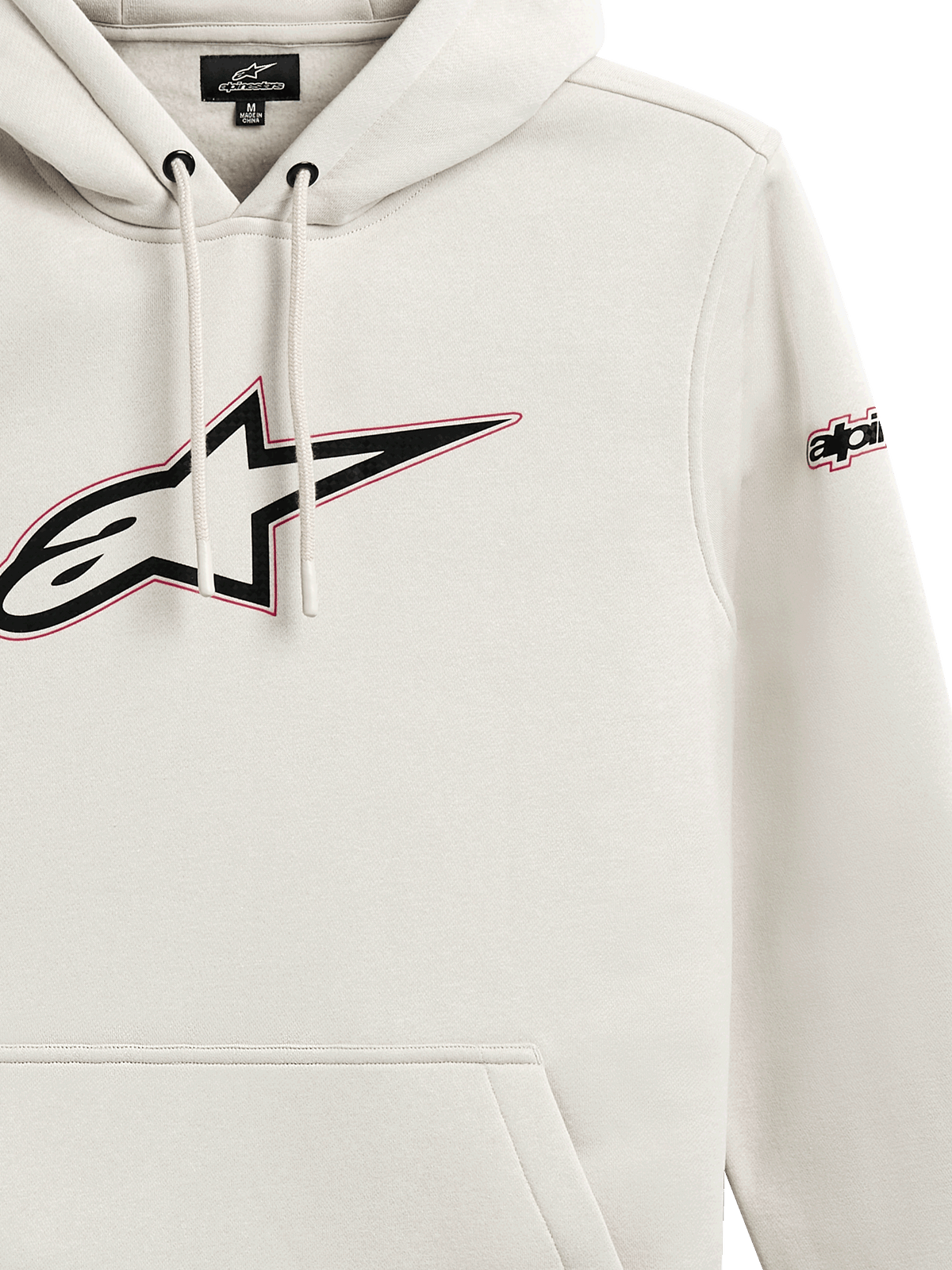 Alpinestars Insignia Hoodie, hoodie casual em lã cardada, off-white, grande logótipo Astars no peito com contorno vermelho, logótipo na manga, capuz com cordões e bolso canguru, design inspirado no desporto motorizado