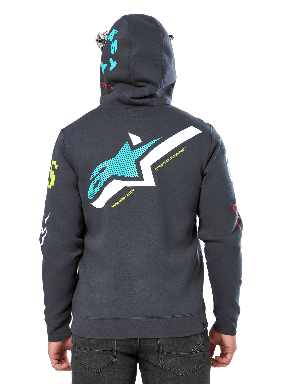 Alpinestars Variegate Hoodie, vista traseira, cinzento Gunmetal, apresenta um logótipo Astars grande em verde-azulado e branco nas costas com o texto 'New Innovation', grafismo 'Astars' em verde-azulado no capuz, logótipos coloridos nas mangas, streetwear casual de desportos motorizados