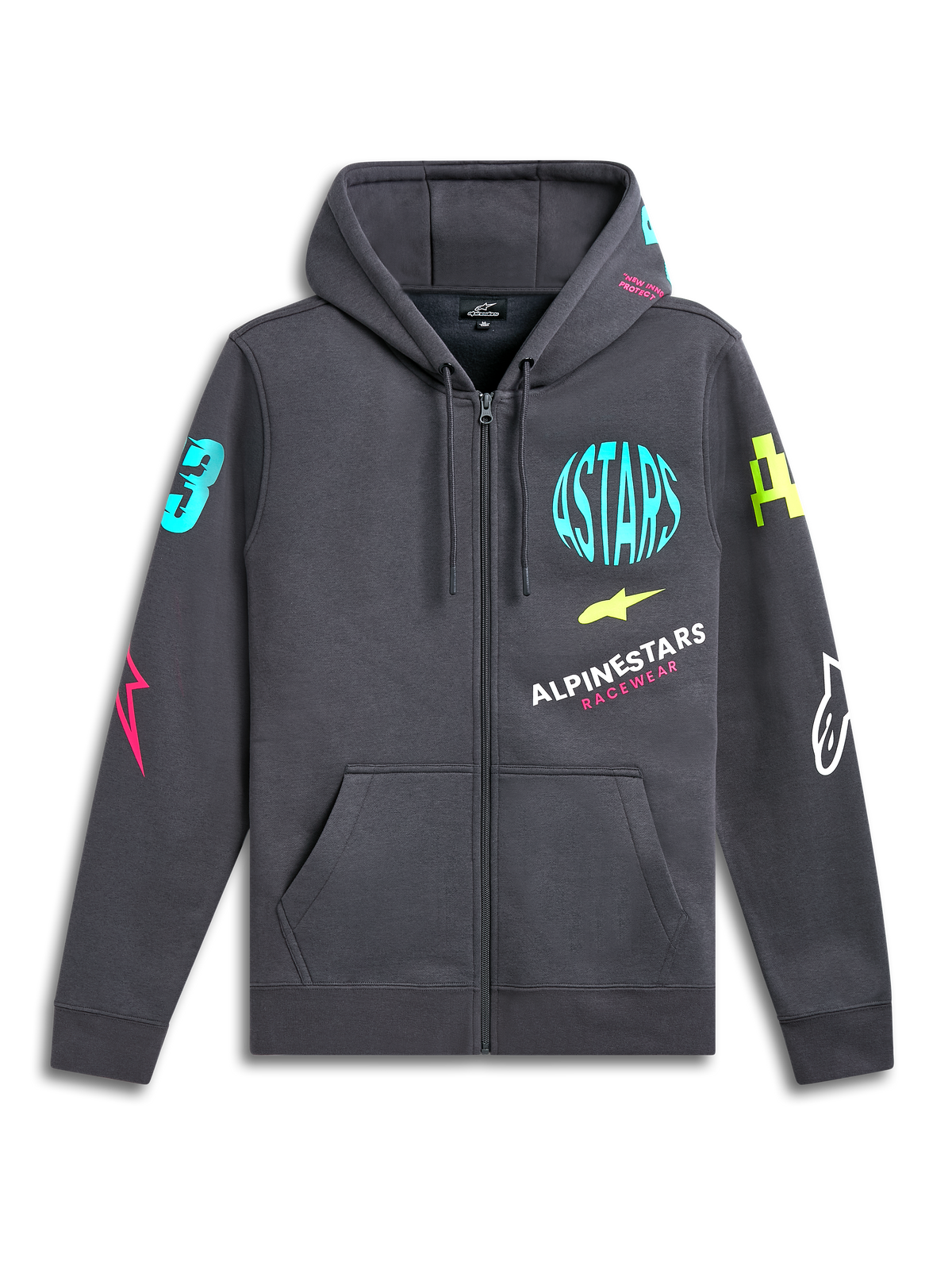 Alpinestars Variegate Hoodie, hoodie de lã com fecho de correr frontal, cinzento Gunmetal, logótipos néon vibrantes no peito e nas mangas, bolso canguru, capuz com cordão, streetwear casual inspirado no desporto motorizado