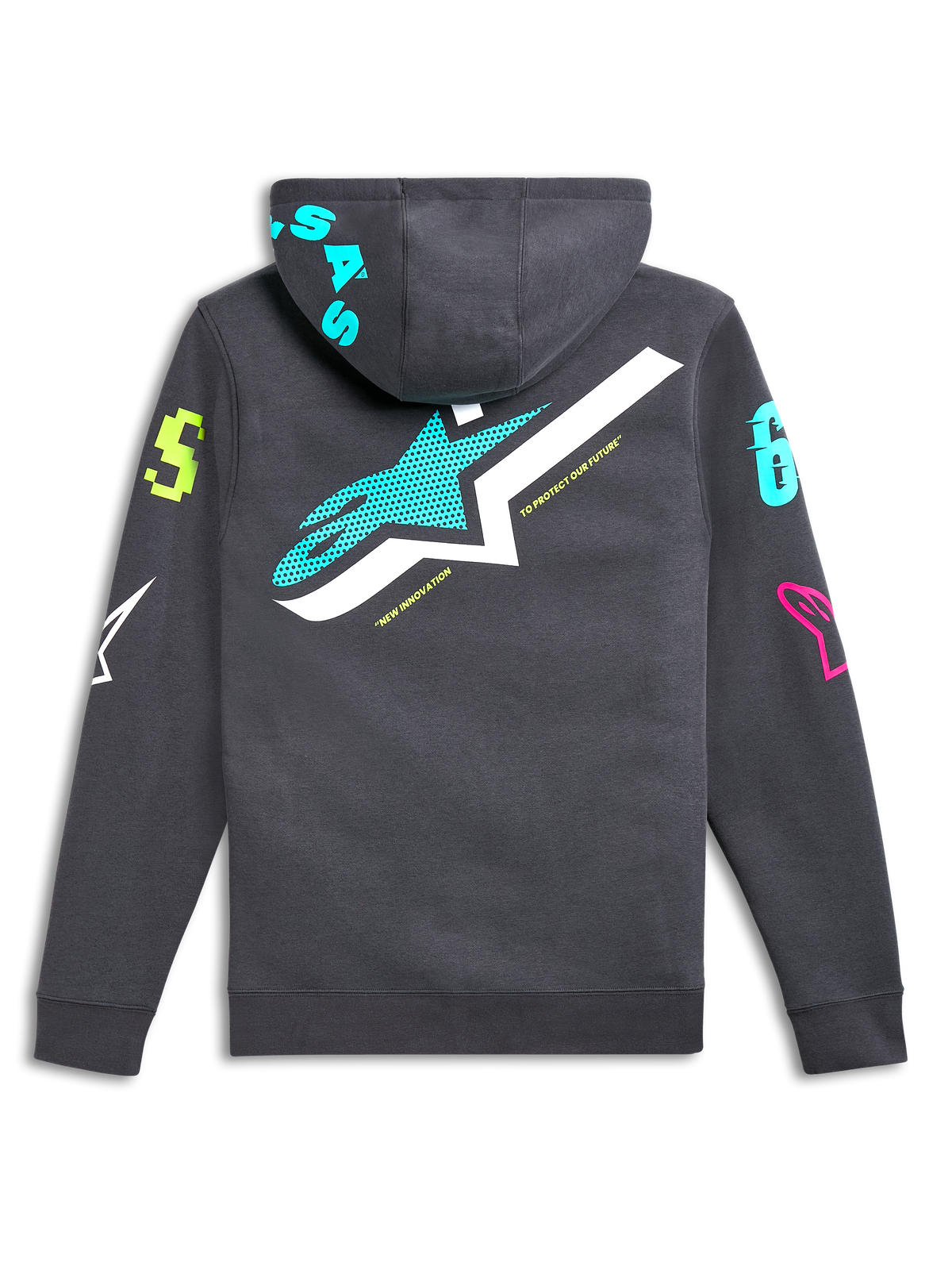 Alpinestars Variegate Hoodie, vista traseira, cinzento gunmetal com logótipo de estrela grande em azul-turquesa e branco, logótipos gráficos vibrantes e coloridos nas mangas e no capuz, streetwear casual inspirado no desporto motorizado