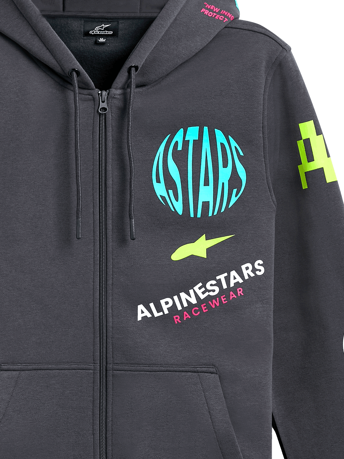 Hoodie Variegate Alpinestars, hoodie de lã com fecho de correr frontal, cinzento Gunmetal com grafismos de logótipo multicoloridos, incluindo um círculo ASTARS azul claro, detalhes em verde lima e letras cor-de-rosa, streetwear casual de motorsport