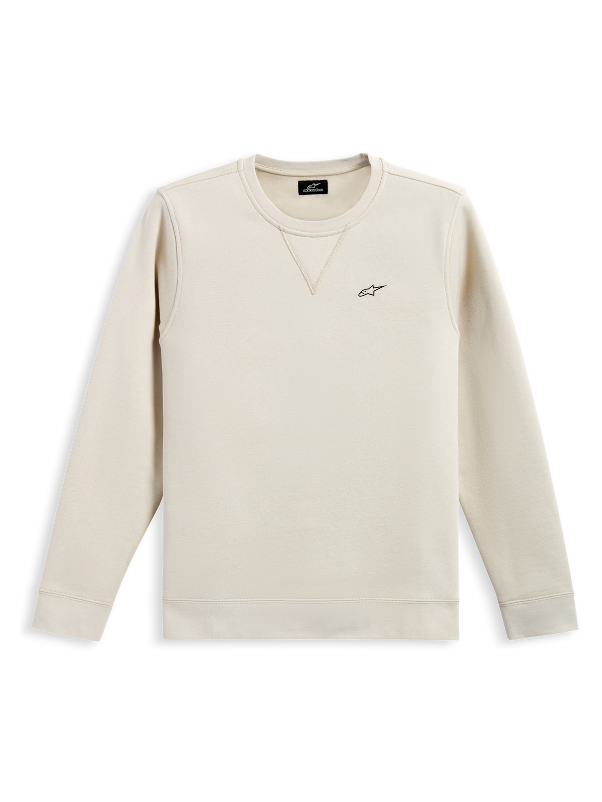 Alpinestars Positive Crew, camisola de gola redonda, Off White, pequeno logótipo Alpinestars preto no peito, gola canelada com detalhe de costura em V, punhos e bainha canelados, streetwear casual inspirado no desporto motorizado