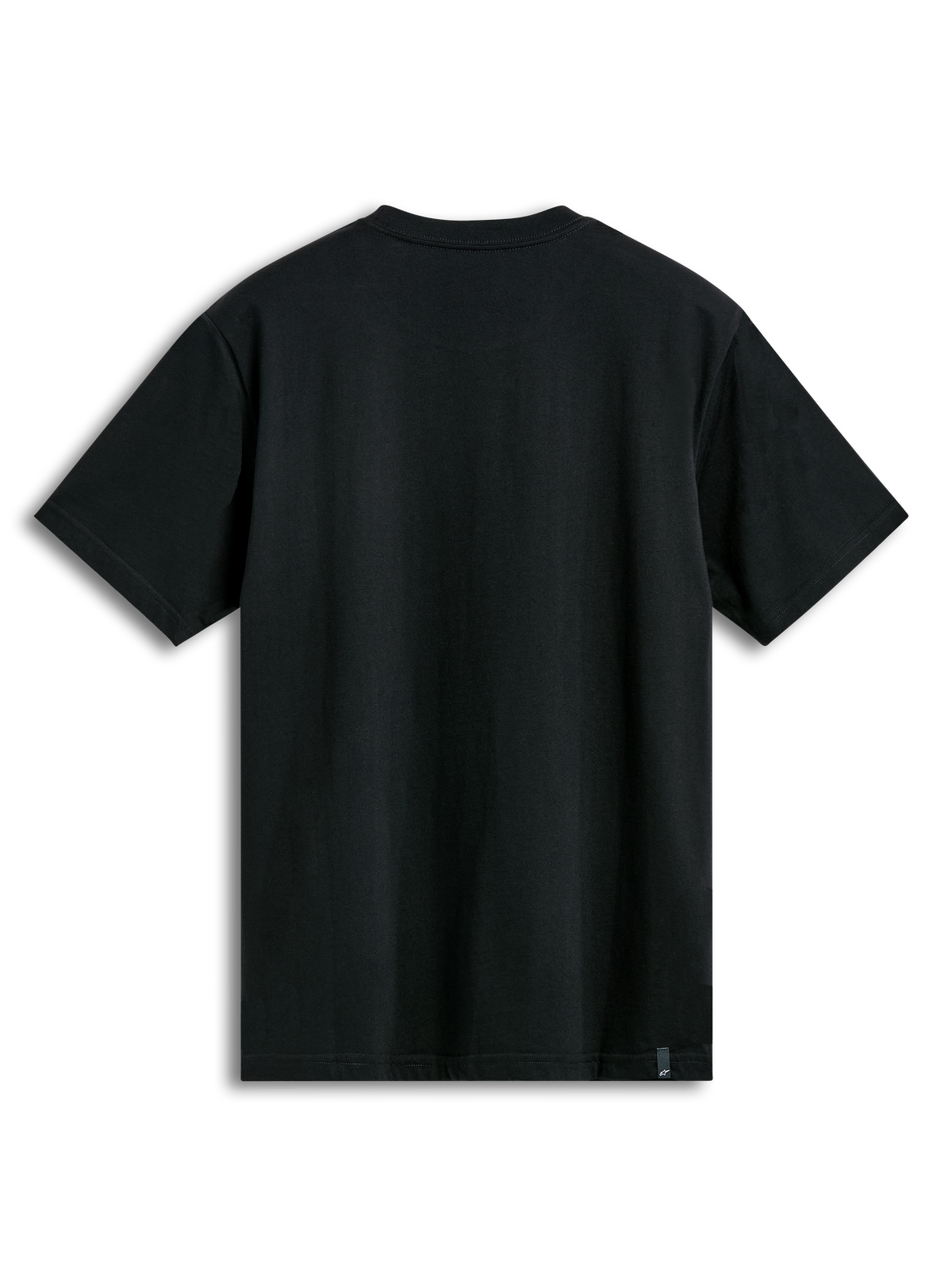 Alpinestars Semicircle CSF Tee, t-shirt de manga curta, preta, vista traseira mostrando tecido liso e pequena etiqueta da marca na bainha inferior, streetwear casual de desportos motorizados