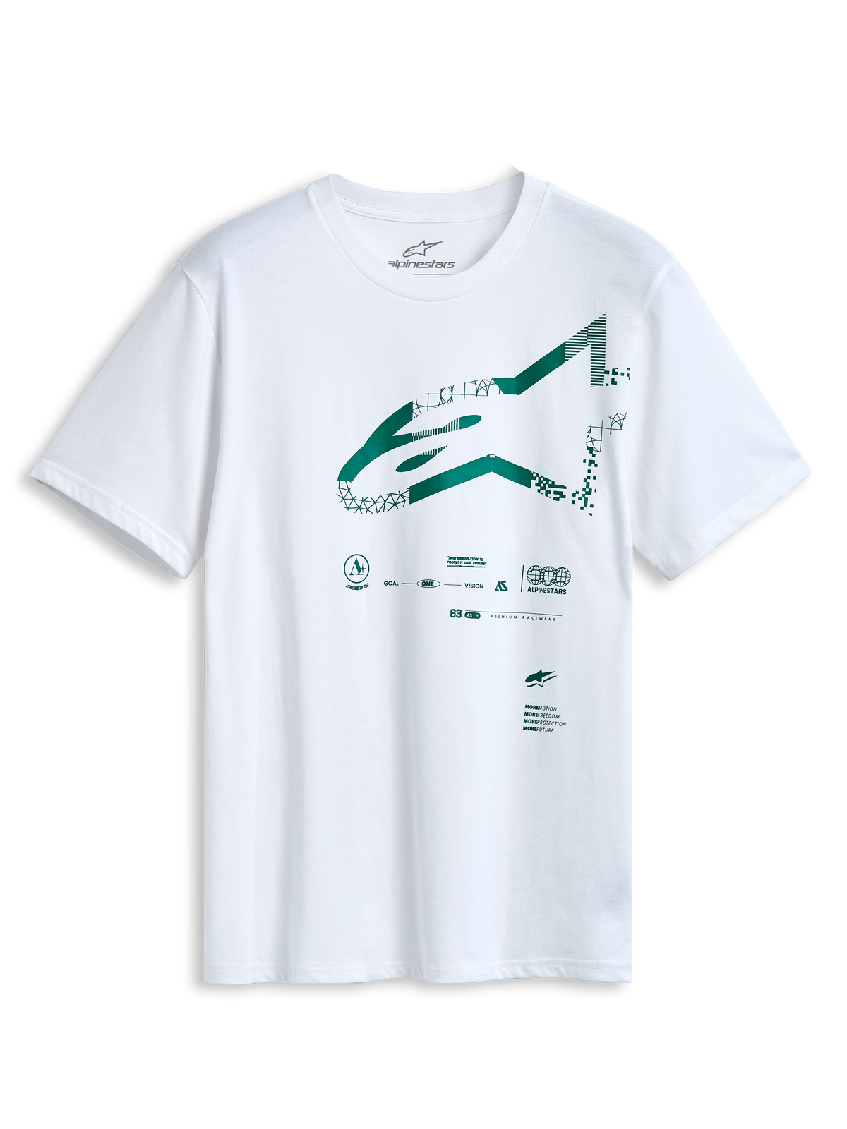Alpinestars Geografica CSF Tee, Short Sleeve T-Shirt, White, Front Green Astars Logo with Multi-Tech Graphic, Casual Motorsport Sportswear