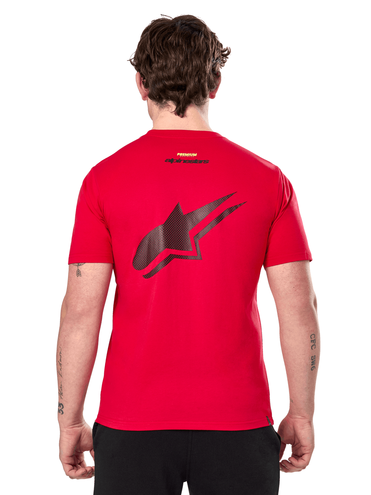 Alpinestars Formulate CSF Tee, t-shirt de manga curta, vermelha, grande logótipo Astars preto perfurado nas costas, design casual inspirado no desporto motorizado