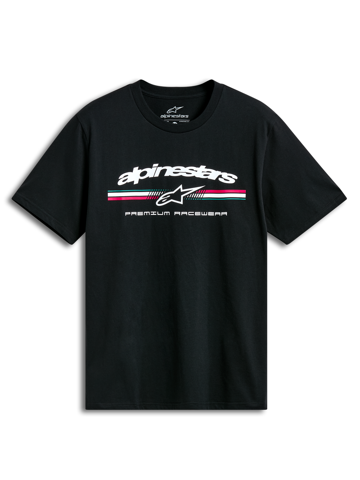 Alpinestars T-shirt Prevail CSF, t-shirt de manga curta preta com logótipo e risca tricolor estilo paddock na frente, casual sportswear