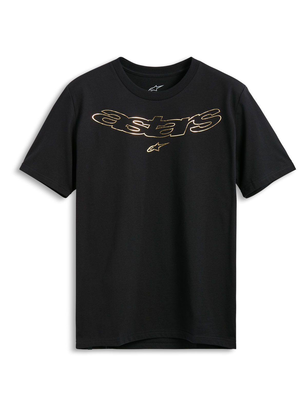 Alpinestars Luxo CSF Tee, t-shirt de manga curta, preta, logótipo Astars em dourado metálico com símbolo de estrela no peito, streetwear casual de desportos motorizados