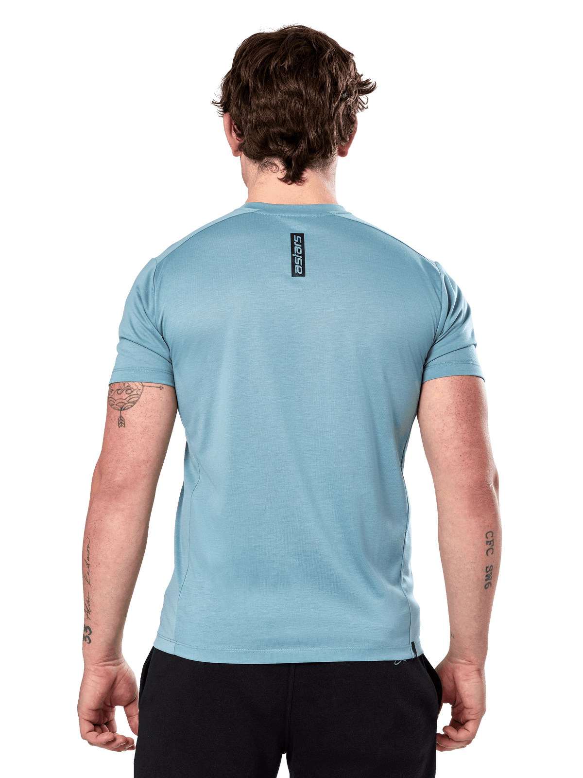 T-shirt Alpinestars Point Performance de manga curta, Azul Gelo, vista de costas com pequeno logótipo vertical preto com a palavra "astars" na parte superior das costas, tecido de desempenho com absorção de humidade, roupa desportiva casual