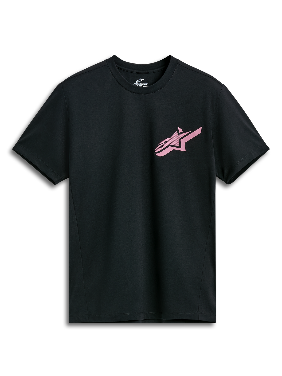 Alpinestars Attrition Performance Tee, t-shirt de performance de manga curta, preta com logótipo Alpinestars cor-de-rosa, gola redonda, roupa desportiva de performance