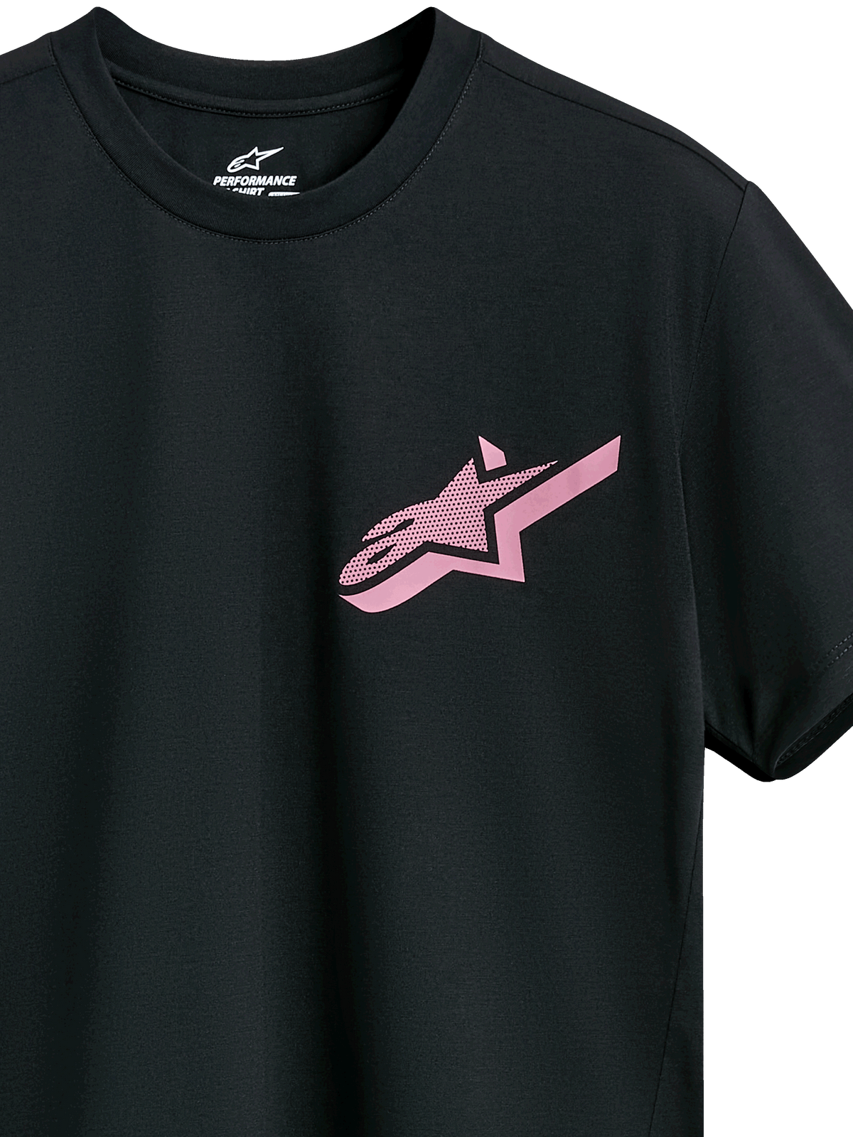 Alpinestars Attrition Performance Tee, t-shirt de manga curta, preta com logótipo Astars rosa, gola redonda, vestuário desportivo de performance