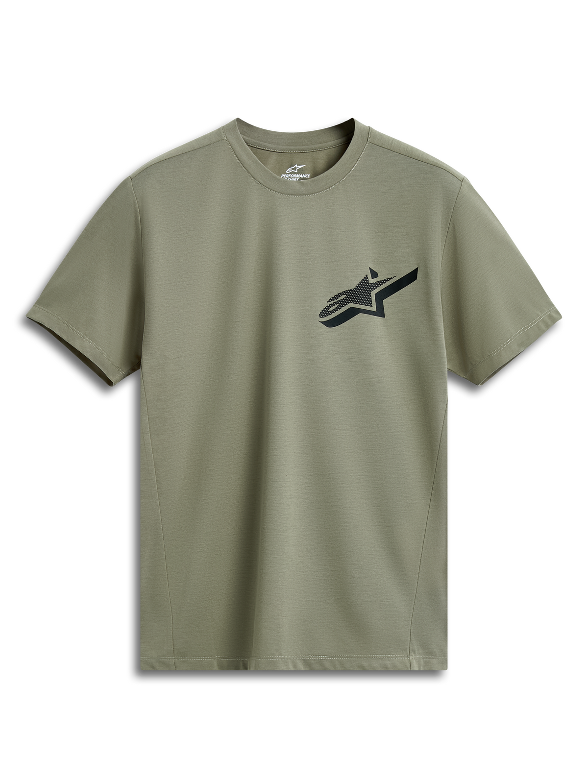 Alpinestars Attrition Performance Tee, t-shirt de manga curta, verde claro, logótipo Astars preto no peito, tecido jersey técnico, vestuário desportivo de performance sustentável