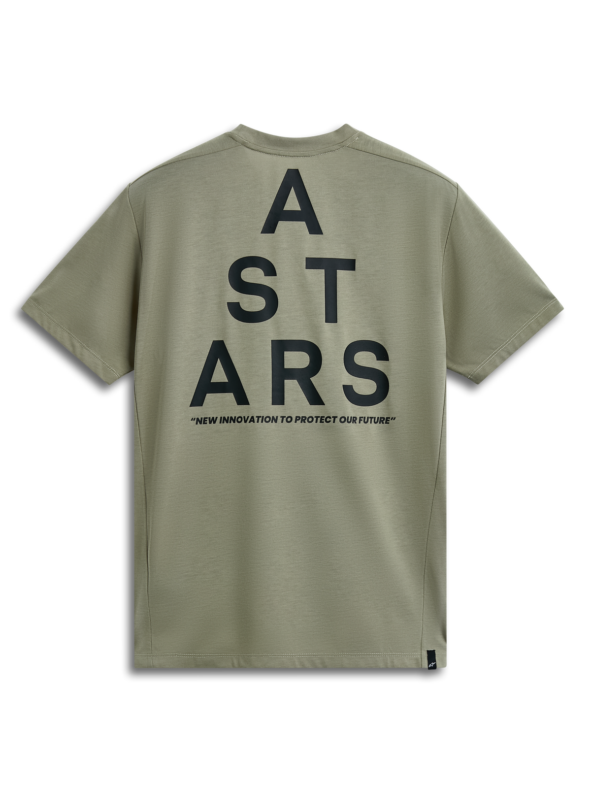 Alpinestars Attrition Performance Tee, t-shirt de manga curta, verde claro, vista traseira com gráfico grande e preto 'ASTARS' empilhado e slogan 'NEW INNOVATION TO PROTECT OUR FUTURE', vestuário desportivo de performance casual