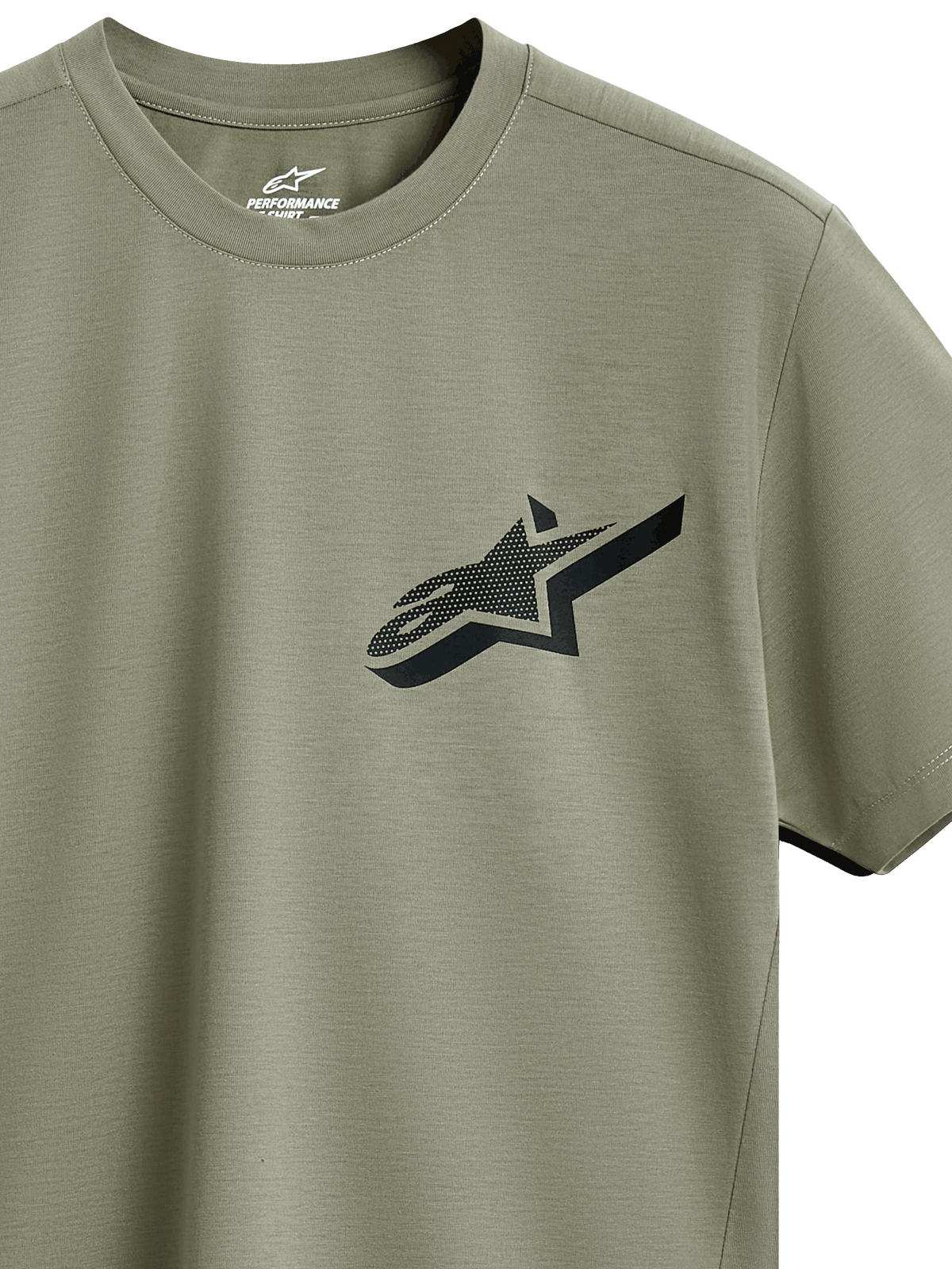 T-shirt Alpinestars Attrition Performance, t-shirt de manga curta, verde claro, logótipo Astars preto com padrão texturado no peito, tecido de desempenho sustentável com absorção de humidade