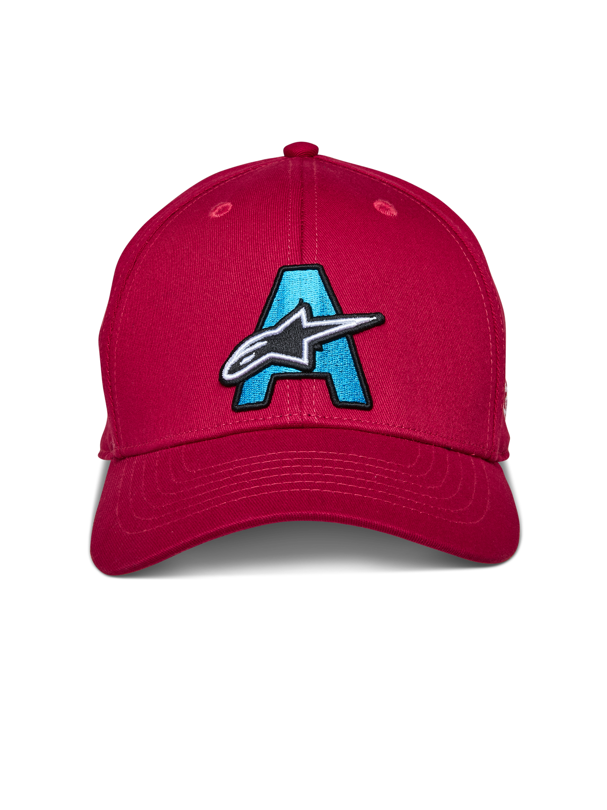 Chapéu Alpinestars Elemental, vermelho, boné de pala curva estruturado com um "A" grande bordado a azul claro e o logótipo da estrela Alpinestars a branco e preto na frente, acessório casual de desporto motorizado