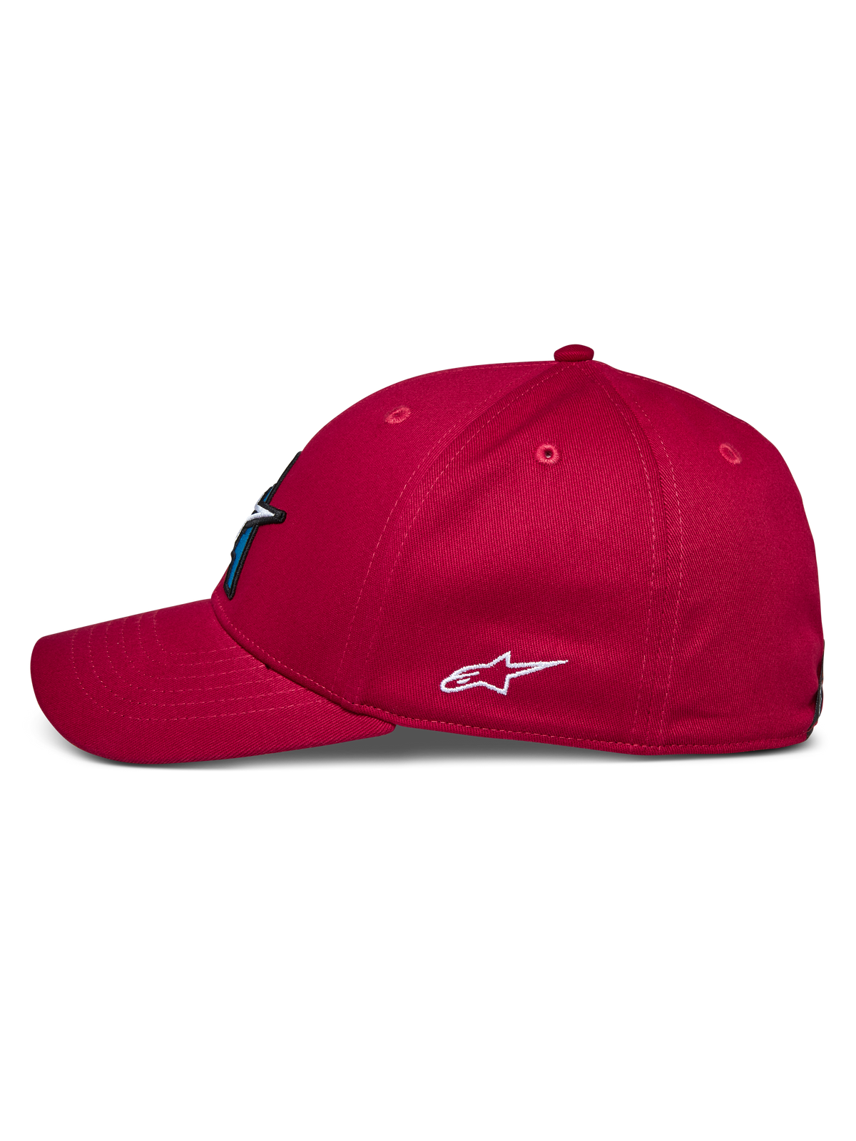 Boné Alpinestars Elemental, vermelho, vista de perfil lateral, pala curva e copa estruturada, logótipo Alpinestars bordado a branco na lateral, acessório de cabeça casual de inspiração motorsport