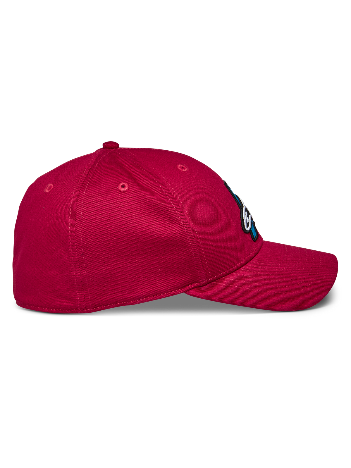 Alpinestars Elemental Hat, boné de basebol vermelho, vista de perfil lateral mostrando a pala curva e a copa estruturada, tecido em sarja elástica, vestuário desportivo casual de desportos motorizados