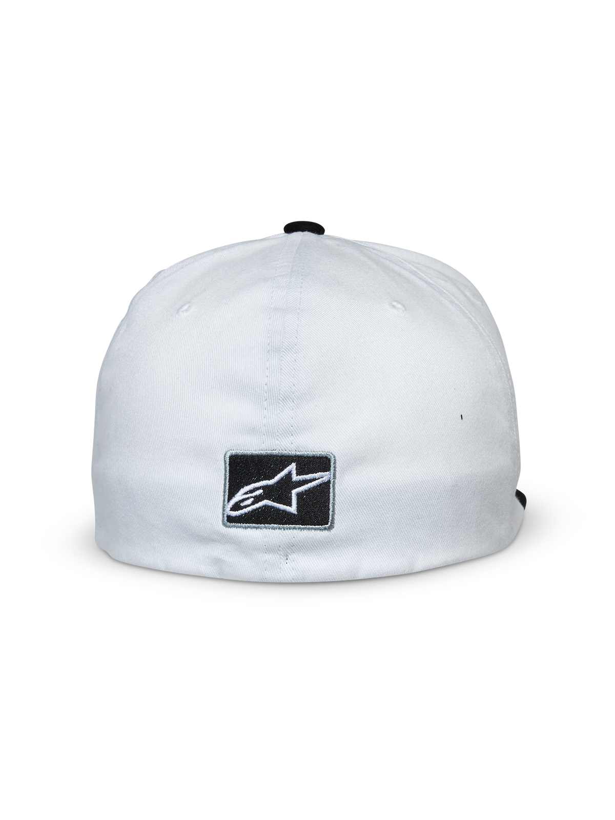 Boné Alpinestars Franchise, branco e preto, vista traseira com emblema retangular preto e logótipo da estrela Alpinestars em branco, design de traseira flexível, acessório casual inspirado no desporto motorizado