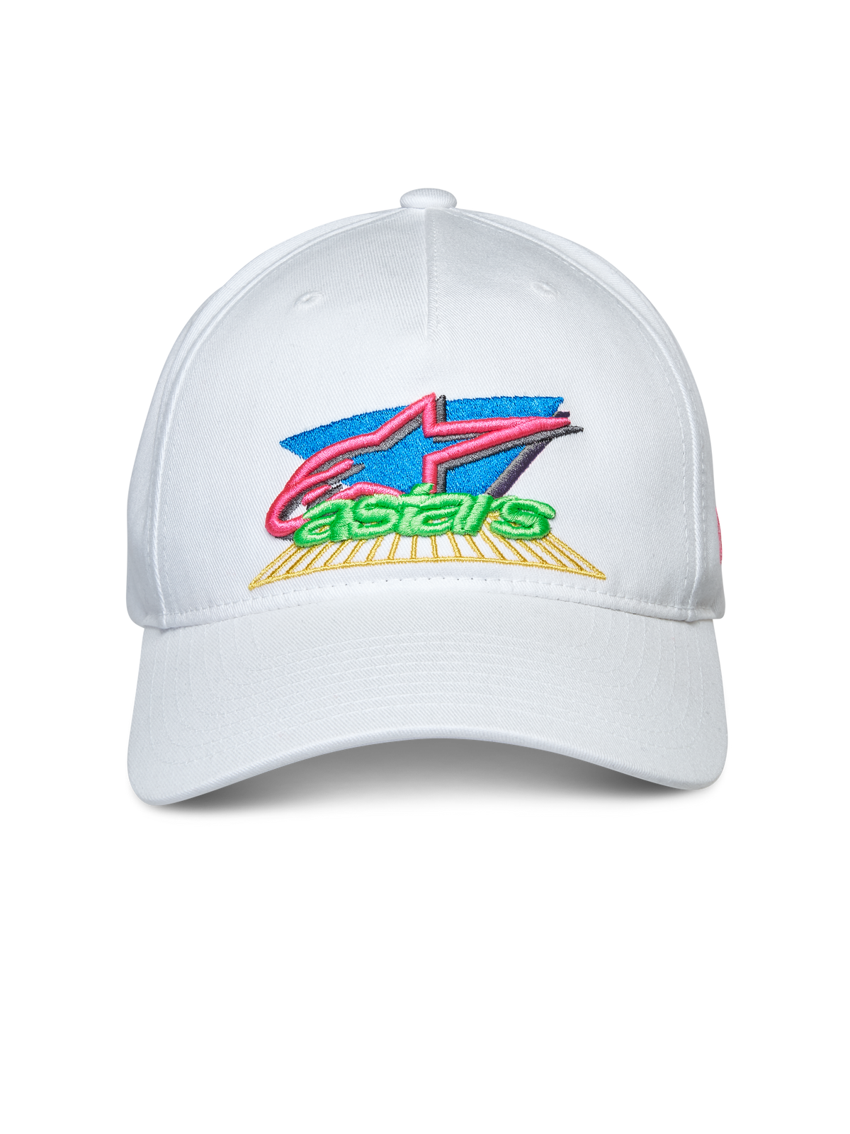 Alpinestars Vivid Hat, boné branco com pala curva, bordado frontal do logótipo colorido em 3D e plano, estilo snapback, vestuário desportivo casual