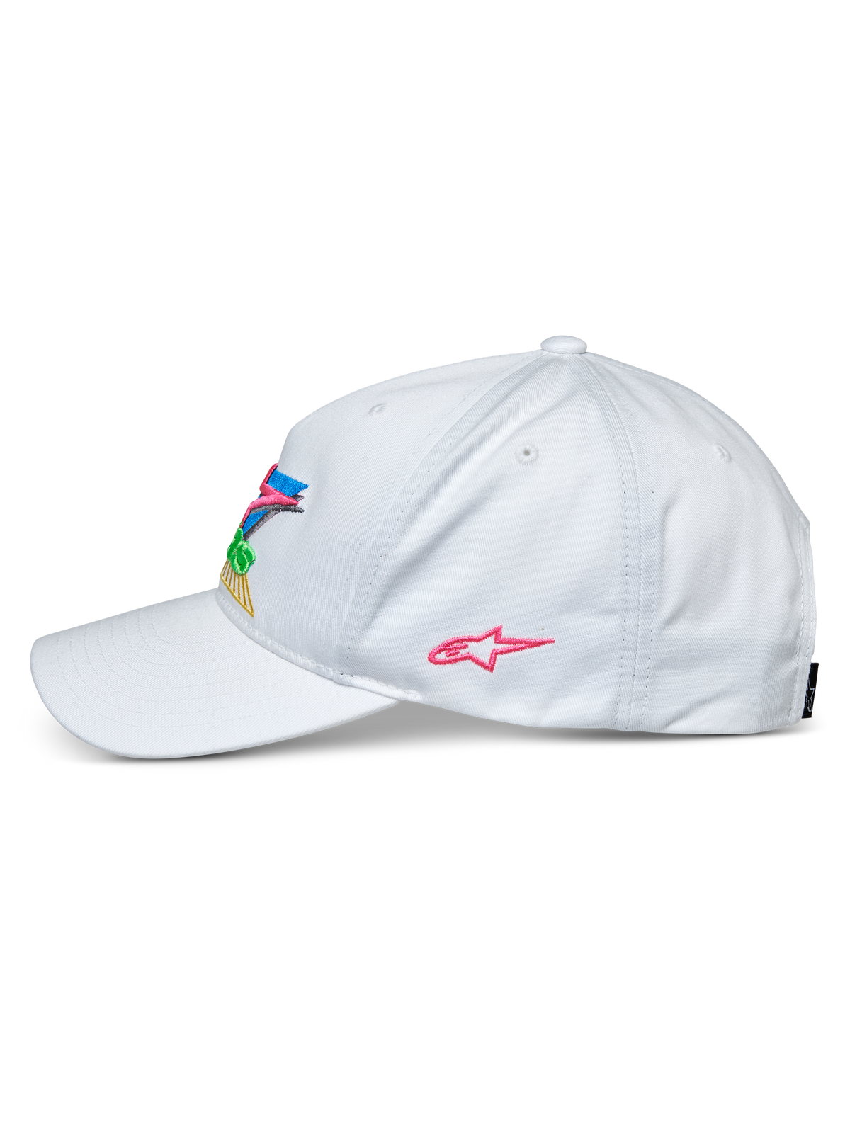 Alpinestars Vivid Hat, branco, vista lateral de um boné de basebol, pala curva e copa baixa semiestruturada, com bordado 3D colorido na frente e logótipo de estrela cor-de-rosa na lateral, acessório de cabeça casual de estilo desportivo