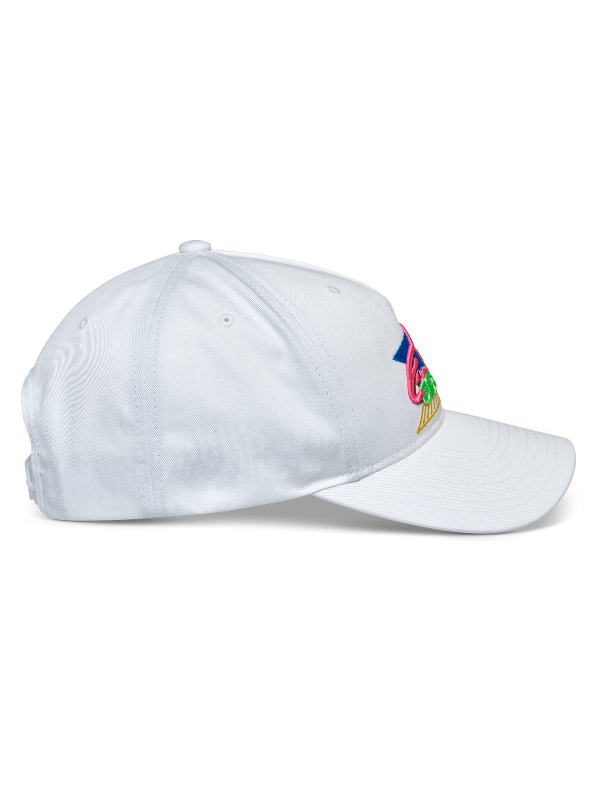 Chapéu Alpinestars Vivid, branco, perfil lateral, boné de basebol de coroa baixa semiestruturada com pala curva, tecido em sarja de algodão, com bordado multicolorido vibrante na frente, acessório de cabeça casual desportivo