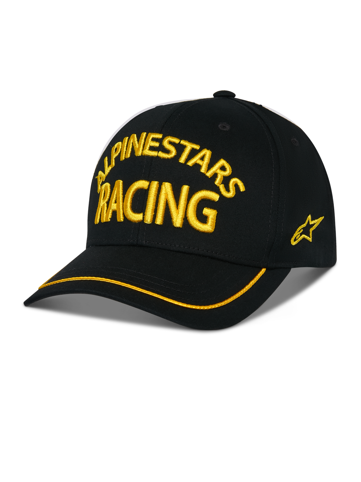 Alpinestars Luminary Hat, boné de basebol preto com bordado 3D amarelo "ALPINESTARS RACING", pala curva com debrum amarelo, logótipo de estrela lateral, streetwear casual de desporto motorizado