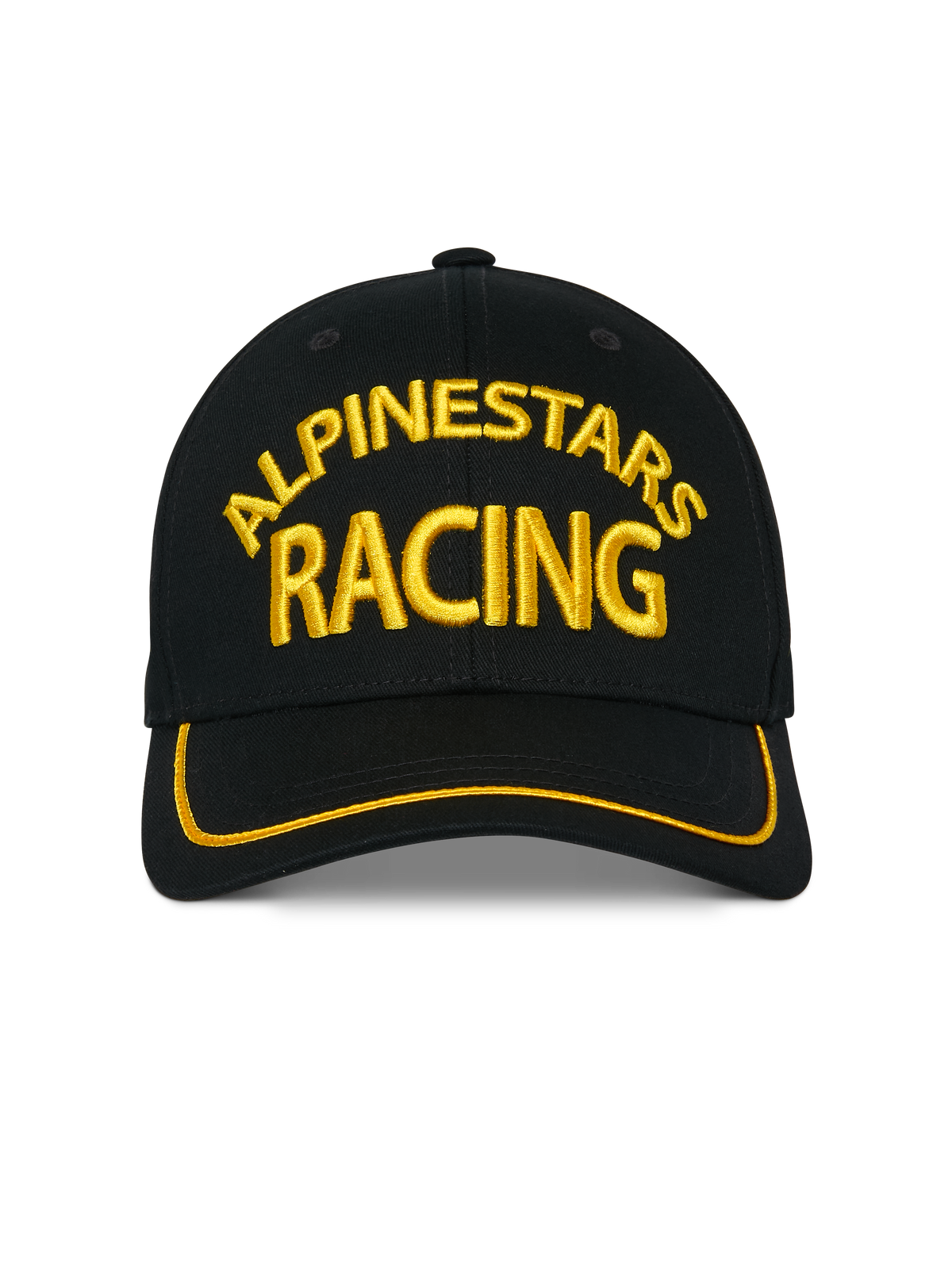 Alpinestars Luminary Hat, boné snapback preto, bordado frontal 3D "Alpinestars Racing" em amarelo, aba curva com acabamento sutache amarelo, acessório casual de desportos motorizados