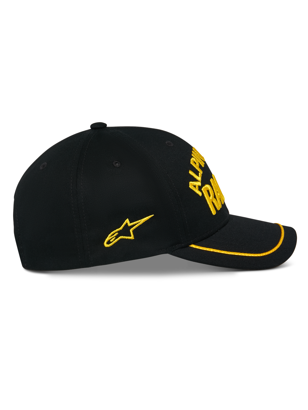 Alpinestars Luminary Hat, boné snapback preto, vista lateral, aba curva com acabamento sutache amarelo, logótipo bordado 3D e estrela lateral em amarelo, sarja 100% algodão, acessório casual inspirado no desporto motorizado