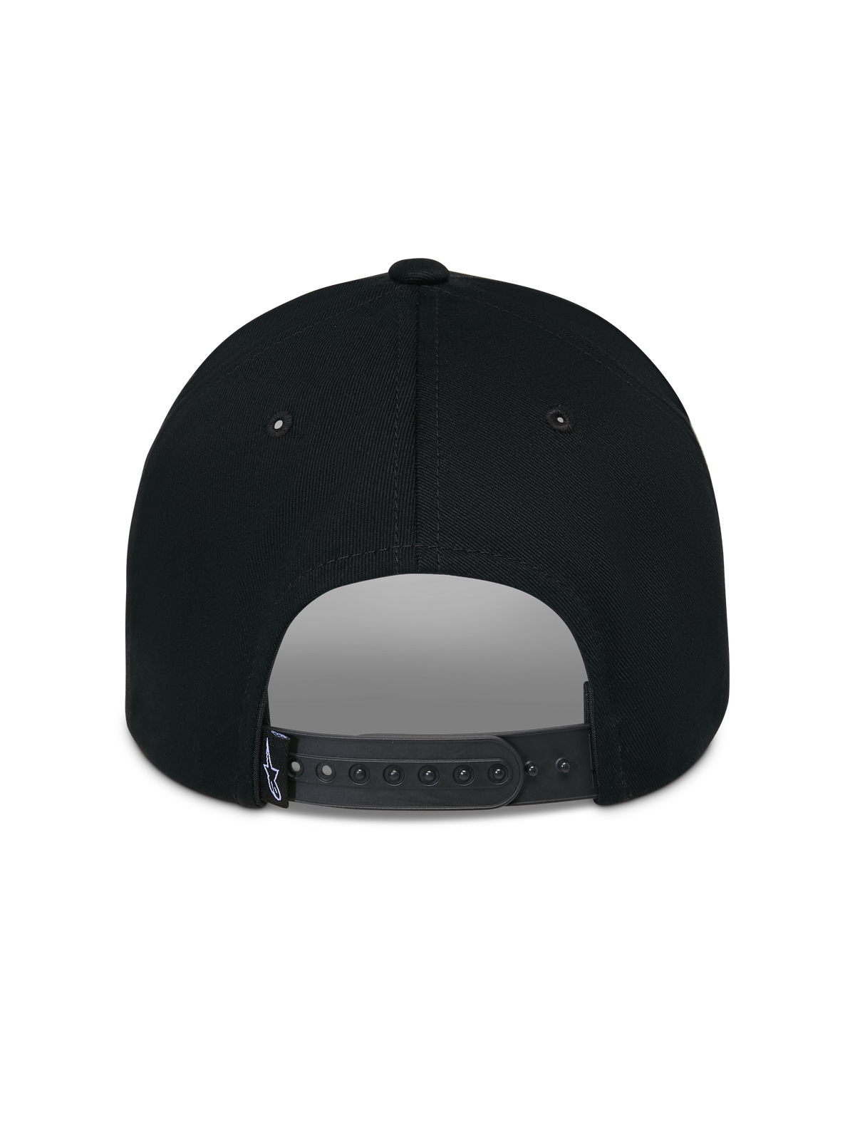 Alpinestars Luminary Hat, preto, vista traseira com fecho snapback ajustável e pequena etiqueta tecida com logótipo, coroa de algodão estruturada, acessório casual inspirado no desporto motorizado