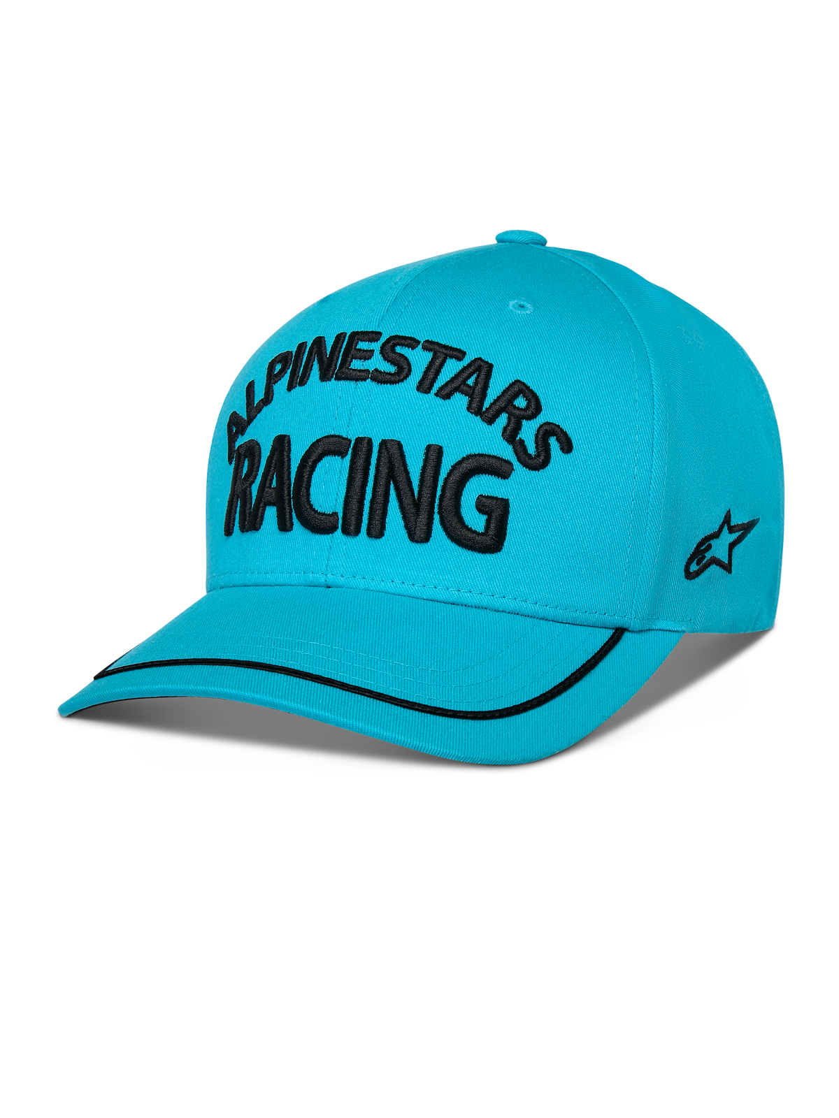 Alpinestars Luminary Hat, Curved Bill Snapback, Aqua Blue, featuring black 3D embroidered 'ALPINESTARS RACING' text, side flat embroidery logo, and black sutache trim on the bill, casual motorsport-inspired headwear.