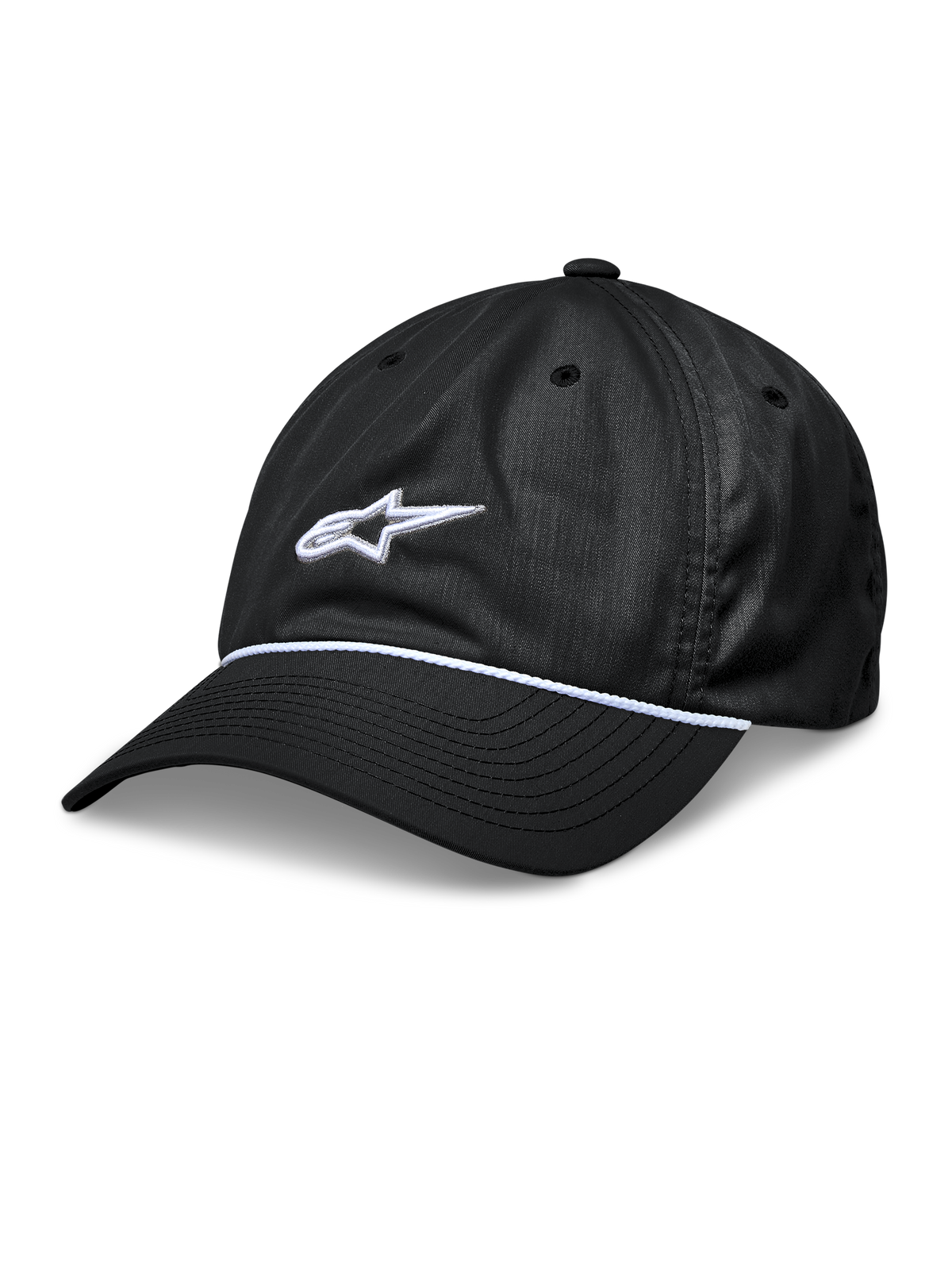 Alpinestars Tyler Hat, boné de basebol preto tipo snapback, aba curva com acabamento em corda entrançada branca, logótipo de estrela bordado em 3D branco, coroa baixa não estruturada, sportswear casual