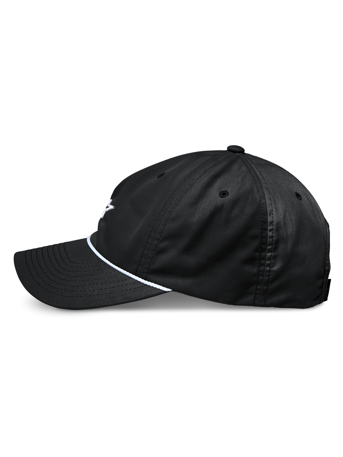Chapéu Alpinestars Tyler, boné de basebol snapback preto, vista de perfil lateral, com pala curva e acabamento em corda entrançada branca, coroa baixa não estruturada, fabricado em sarja reciclada, design casual inspirado no desporto motorizado.