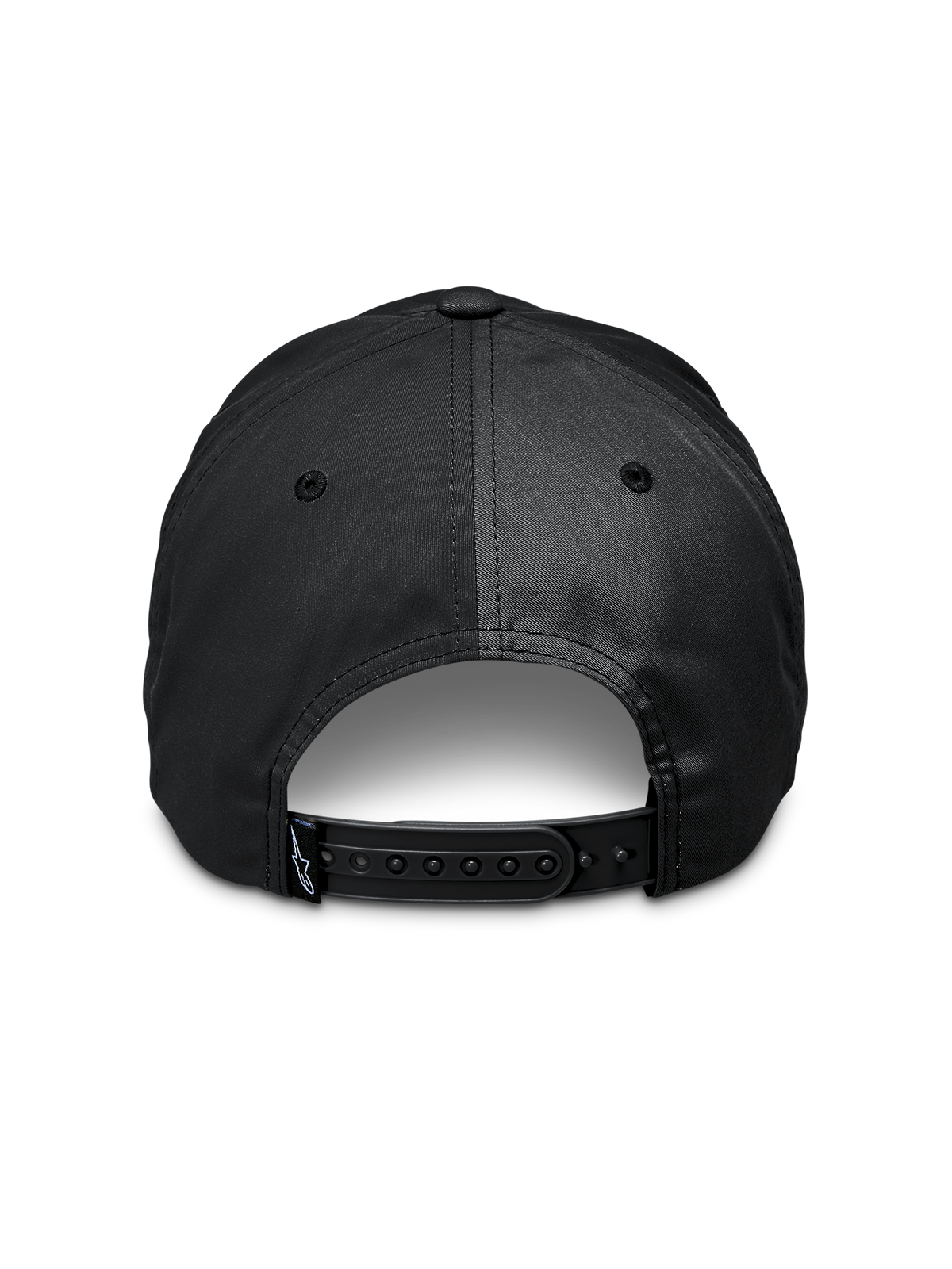 Boné Alpinestars Tyler, preto, vista traseira com fecho de pressão ajustável, pequena etiqueta com logótipo na tira, sarja de poliéster reciclado, acessório casual de sportswear