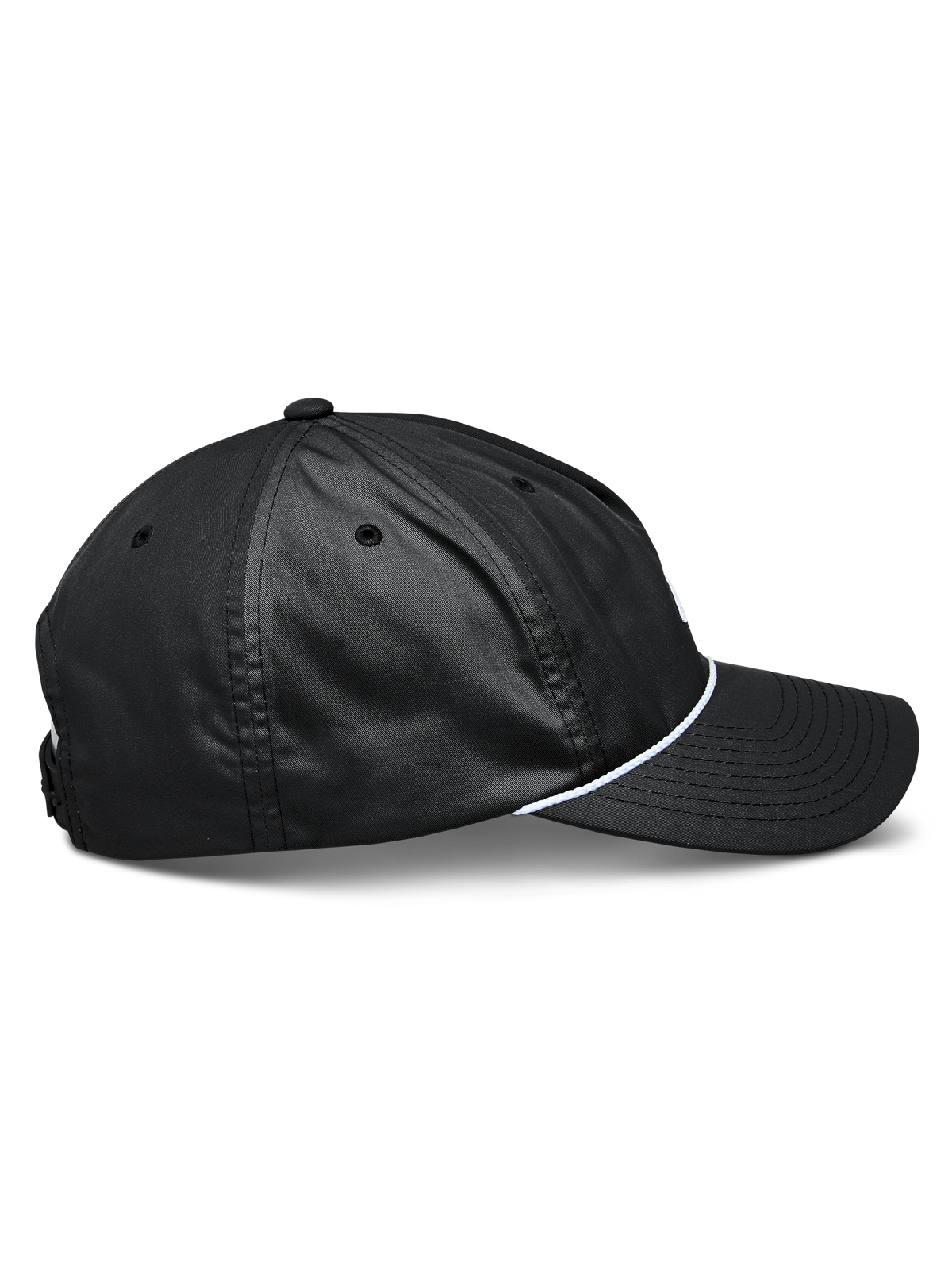 Chapéu Alpinestars Tyler, boné snapback preto visto de perfil, aba curva, acabamento em corda entrançada branca, coroa baixa não estruturada, sarja de poliéster reciclado, vestuário desportivo casual