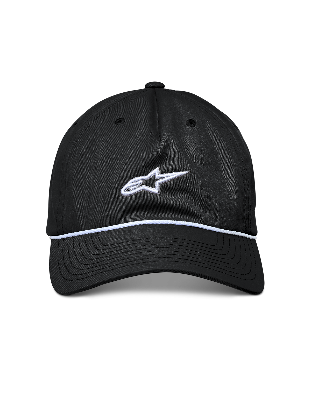 Alpinestars Tyler Hat, boné snapback preto, pala curva com acabamento em corda entrançada branca, logótipo Astars bordado a branco, vestuário desportivo casual