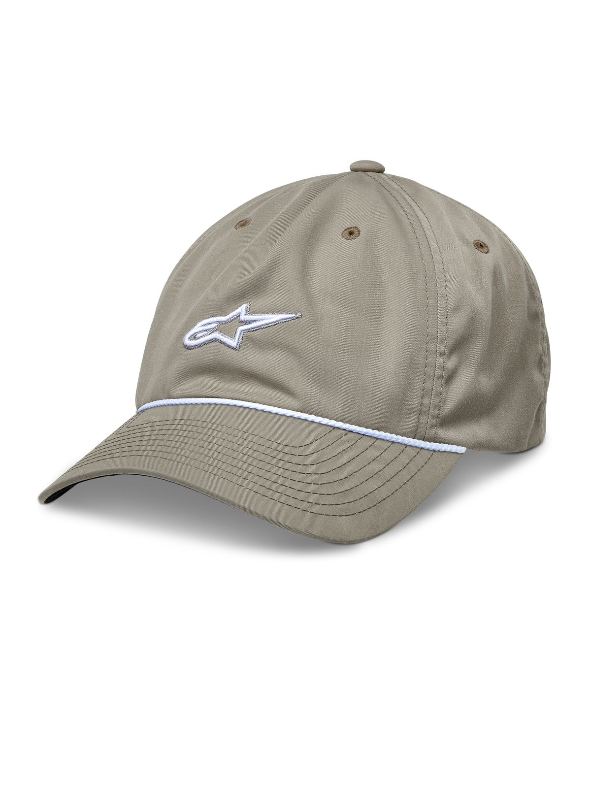 Alpinestars Tyler Hat, Khaki Baseball Cap, featuring a white 3D embroidered logo and white braided rope trim, unstructured low crown with a curved bill, and six-panel recycled twill construction with ventilation holes.