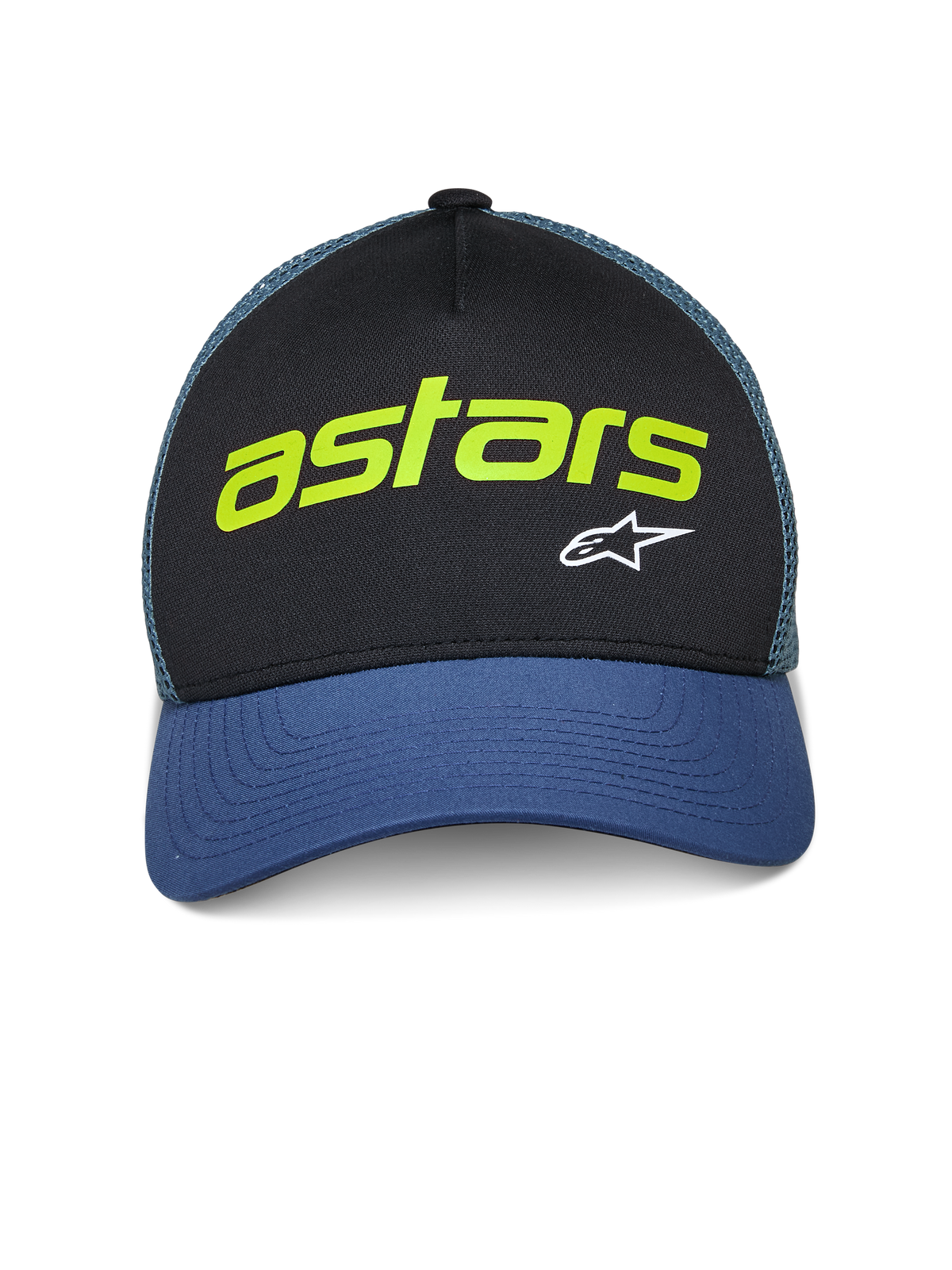 Boné Trucker Vital Alpinestars, boné trucker casual, preto e azul com parte traseira em rede verde, com texto 'astars' em verde lima e logótipo A-star branco, pala curva e copa estruturada